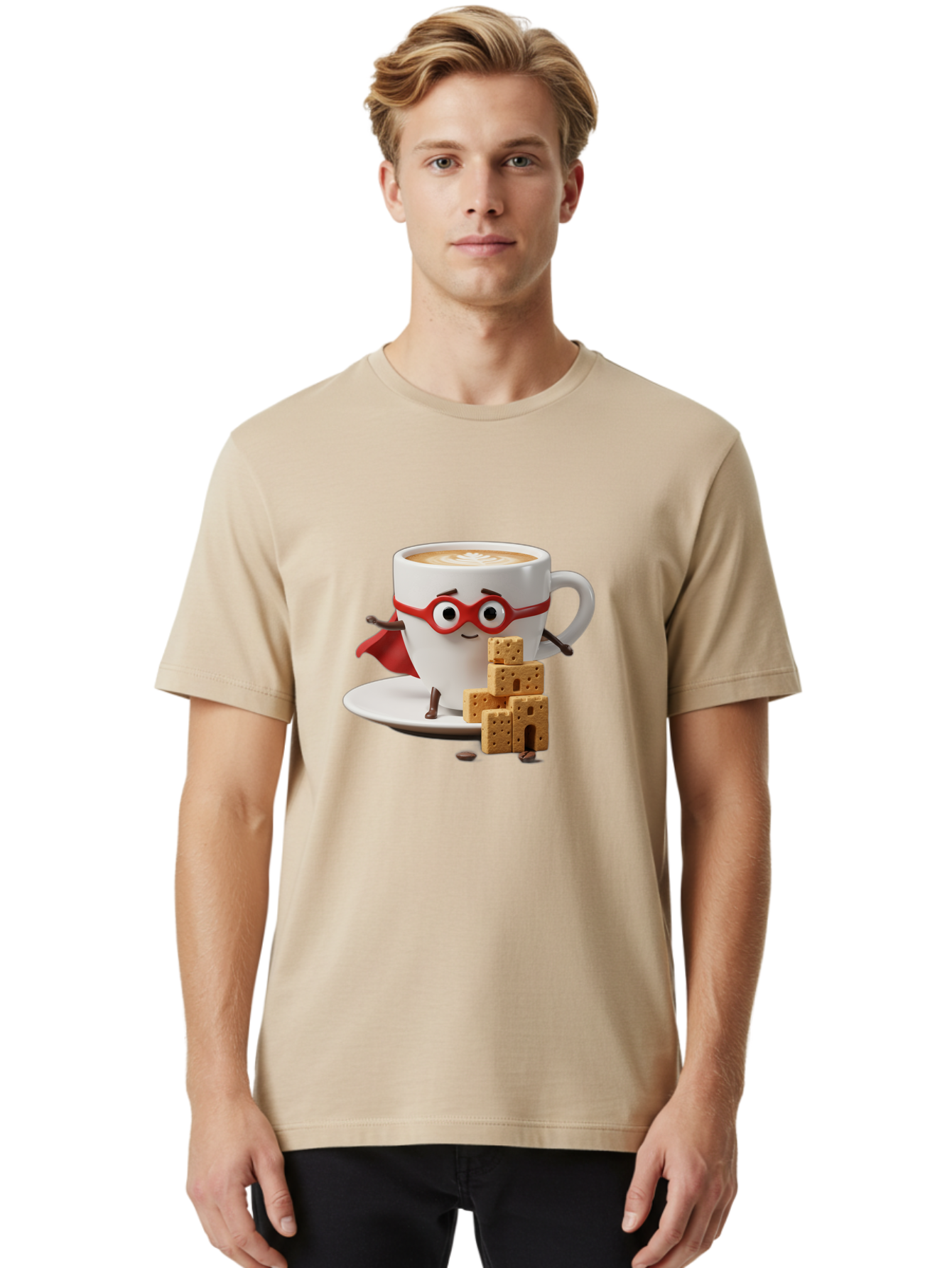 Coffee-Cup-Hero Men'S Graphic Tee, 100% Cotton, Comfortable Casual Summer Wear, Machine Washable, Coffee Cup With Face, Superhero Costume, Red Glasses, Cape, Biscuits, Chocolate Chips, Coffee Lover, Morning Routine, Funny Cartoon Bab797 26