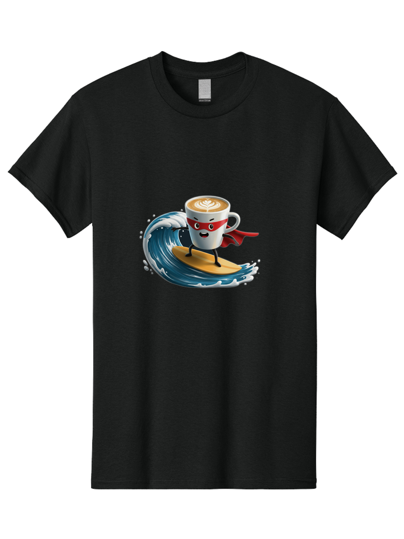 Coffee-Cup-Surfing-Hero Men'S Graphic Tee, 100% Cotton, Comfortable Casual Summer Wear, Machine Washable, Cartoon Coffee Cup, Latte Art, Superhero Cape, Red Mask, Surfing, Wave, Ocean, Fun, Adventure, Humor, Coffee Culture, Playful, Animation Bab799 4