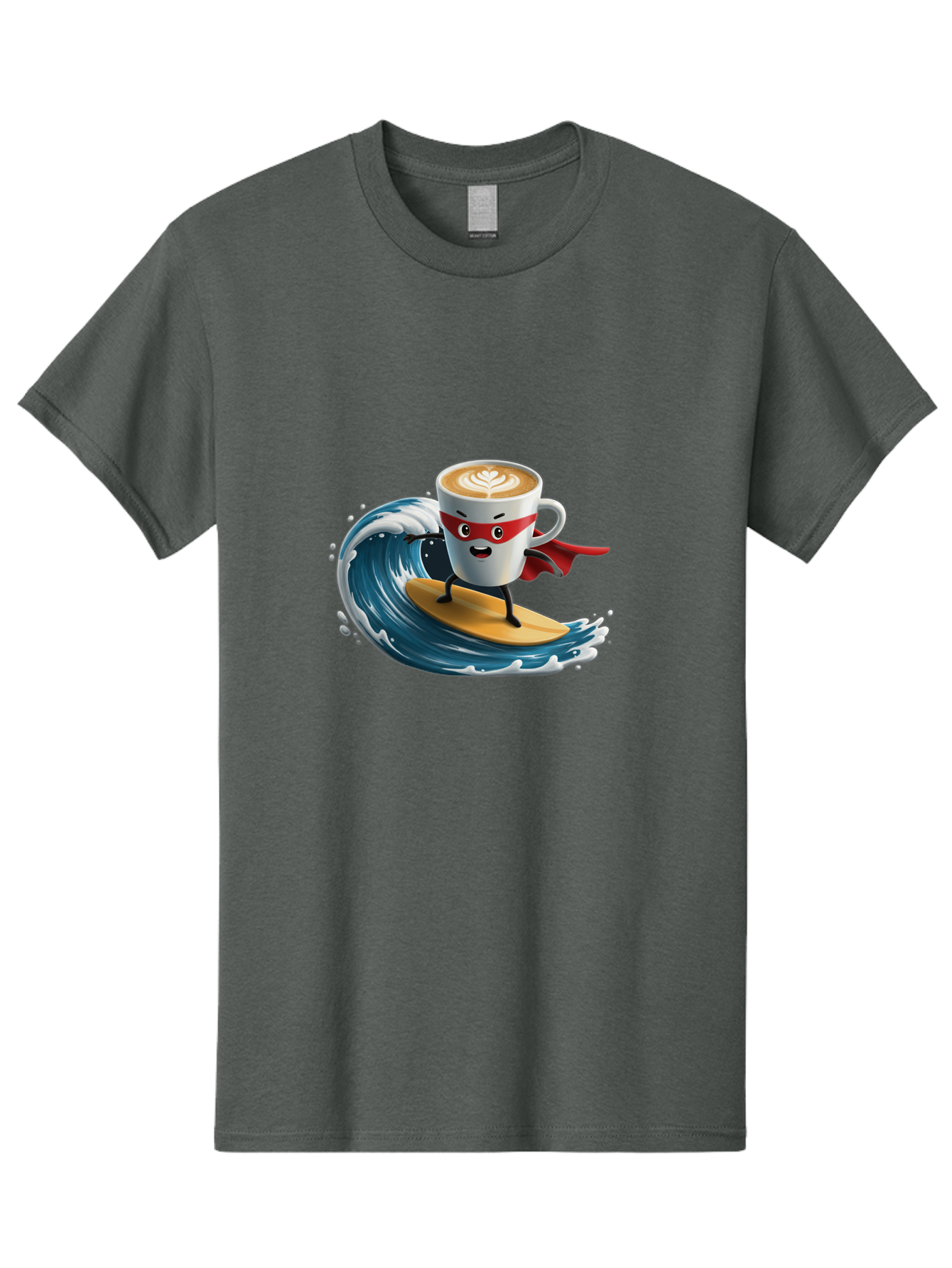 Coffee-Cup-Surfing-Hero Men'S Graphic Tee, 100% Cotton, Comfortable Casual Summer Wear, Machine Washable, Cartoon Coffee Cup, Latte Art, Superhero Cape, Red Mask, Surfing, Wave, Ocean, Fun, Adventure, Humor, Coffee Culture, Playful, Animation Bab799 8