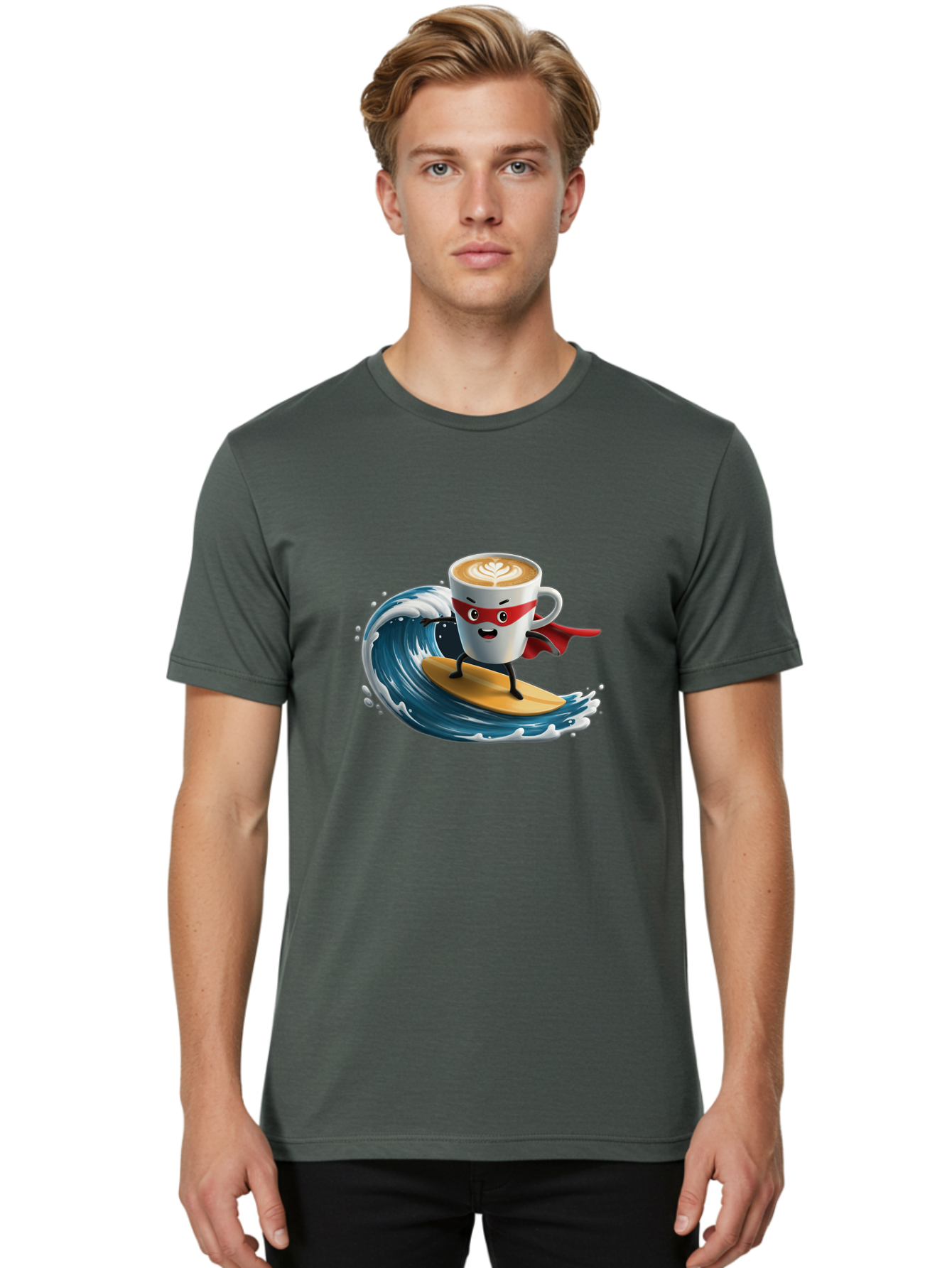 Coffee-Cup-Surfing-Hero Men'S Graphic Tee, 100% Cotton, Comfortable Casual Summer Wear, Machine Washable, Cartoon Coffee Cup, Latte Art, Superhero Cape, Red Mask, Surfing, Wave, Ocean, Fun, Adventure, Humor, Coffee Culture, Playful, Animation Bab799 23