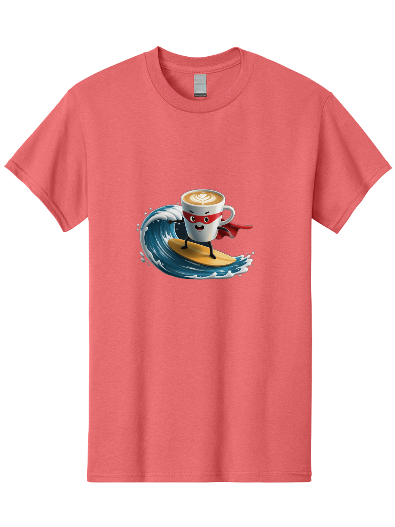 Coffee-Cup-Surfing-Hero Men'S Graphic Tee, 100% Cotton, Comfortable Casual Summer Wear, Machine Washable, Cartoon Coffee Cup, Latte Art, Superhero Cape, Red Mask, Surfing, Wave, Ocean, Fun, Adventure, Humor, Coffee Culture, Playful, Animation Bab799 11