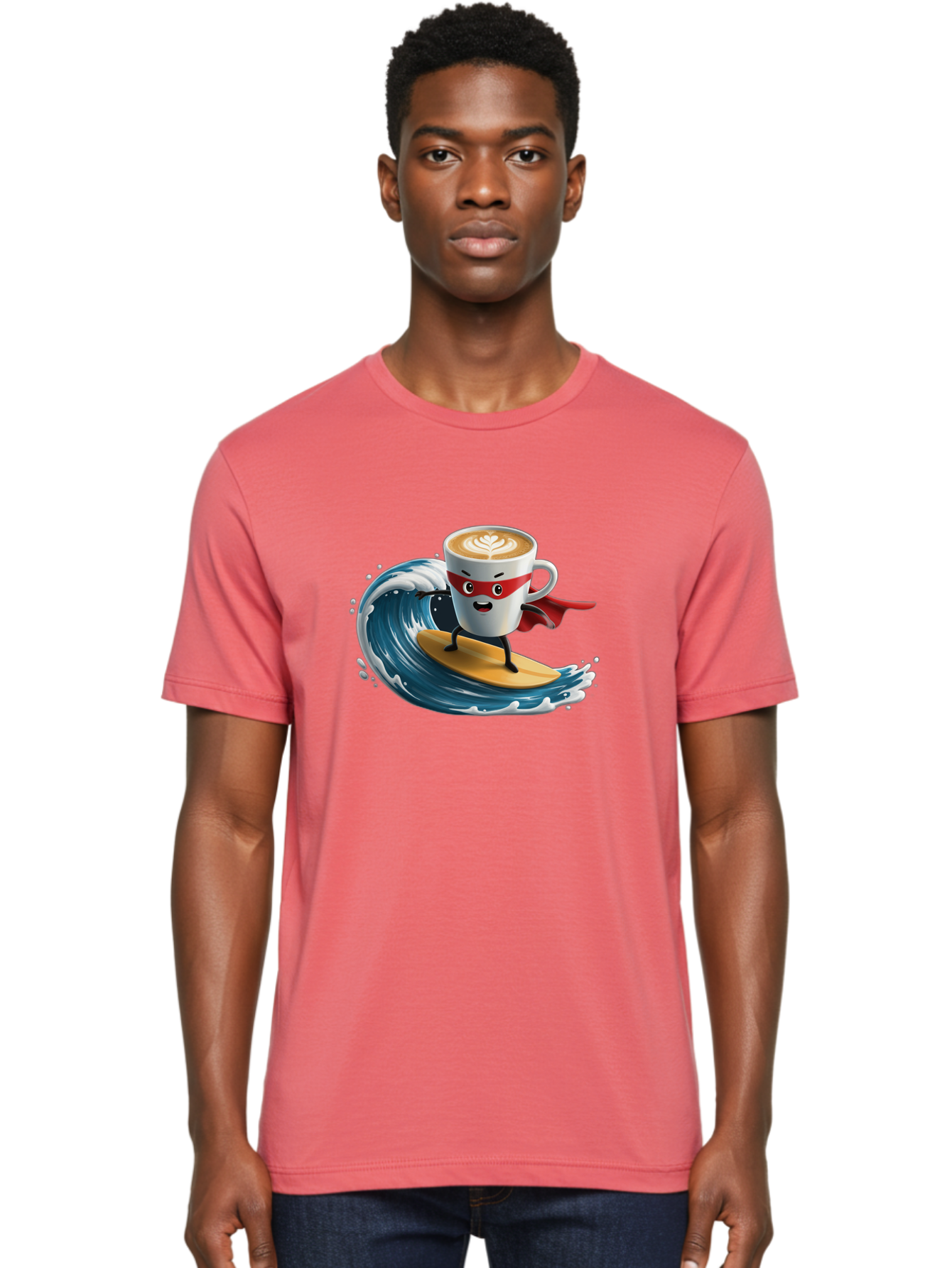 Coffee-Cup-Surfing-Hero Men'S Graphic Tee, 100% Cotton, Comfortable Casual Summer Wear, Machine Washable, Cartoon Coffee Cup, Latte Art, Superhero Cape, Red Mask, Surfing, Wave, Ocean, Fun, Adventure, Humor, Coffee Culture, Playful, Animation Bab799 26