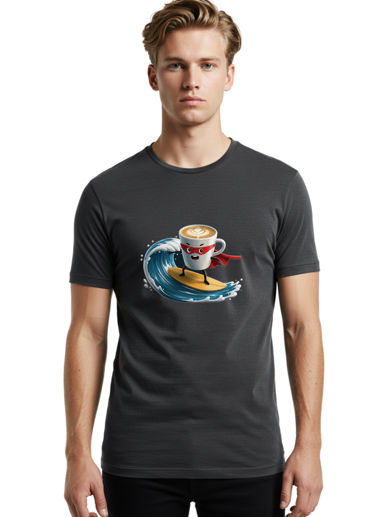 Coffee-Cup-Surfing-Hero Men'S Graphic Tee, 100% Cotton, Comfortable Casual Summer Wear, Machine Washable, Cartoon Coffee Cup, Latte Art, Superhero Cape, Red Mask, Surfing, Wave, Ocean, Fun, Adventure, Humor, Coffee Culture, Playful, Animation Bab799 17