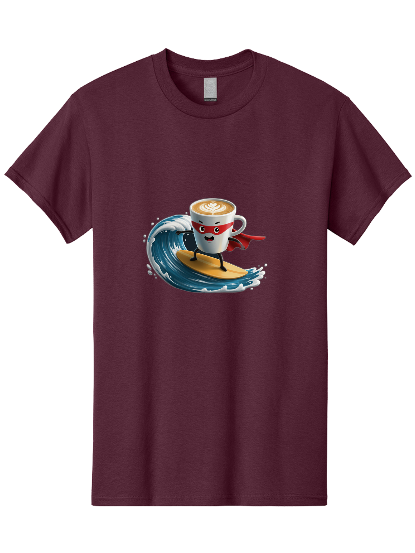 Coffee-Cup-Surfing-Hero Men'S Graphic Tee, 100% Cotton, Comfortable Casual Summer Wear, Machine Washable, Cartoon Coffee Cup, Latte Art, Superhero Cape, Red Mask, Surfing, Wave, Ocean, Fun, Adventure, Humor, Coffee Culture, Playful, Animation Bab799 14
