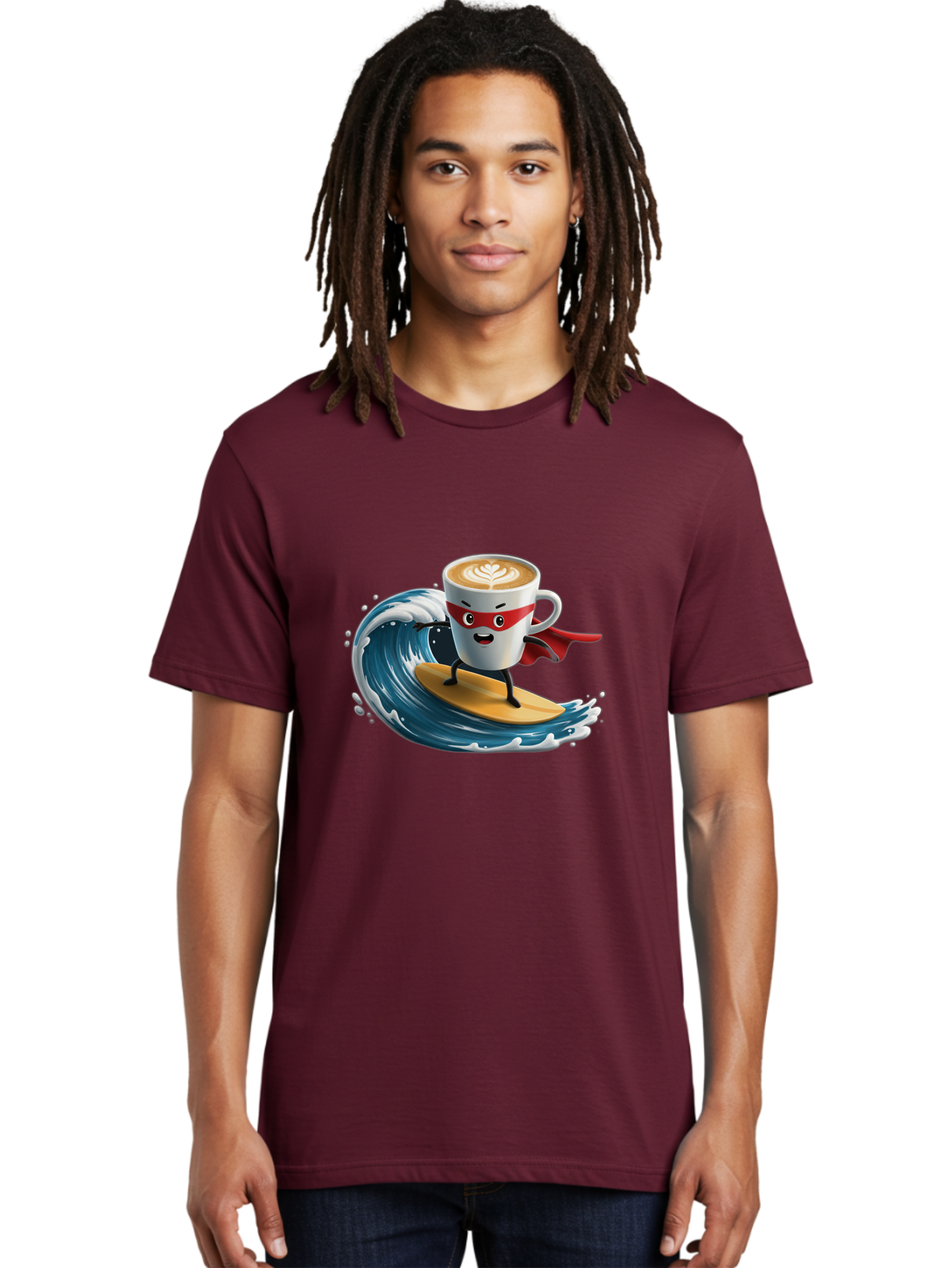 Coffee-Cup-Surfing-Hero Men'S Graphic Tee, 100% Cotton, Comfortable Casual Summer Wear, Machine Washable, Cartoon Coffee Cup, Latte Art, Superhero Cape, Red Mask, Surfing, Wave, Ocean, Fun, Adventure, Humor, Coffee Culture, Playful, Animation Bab799 29