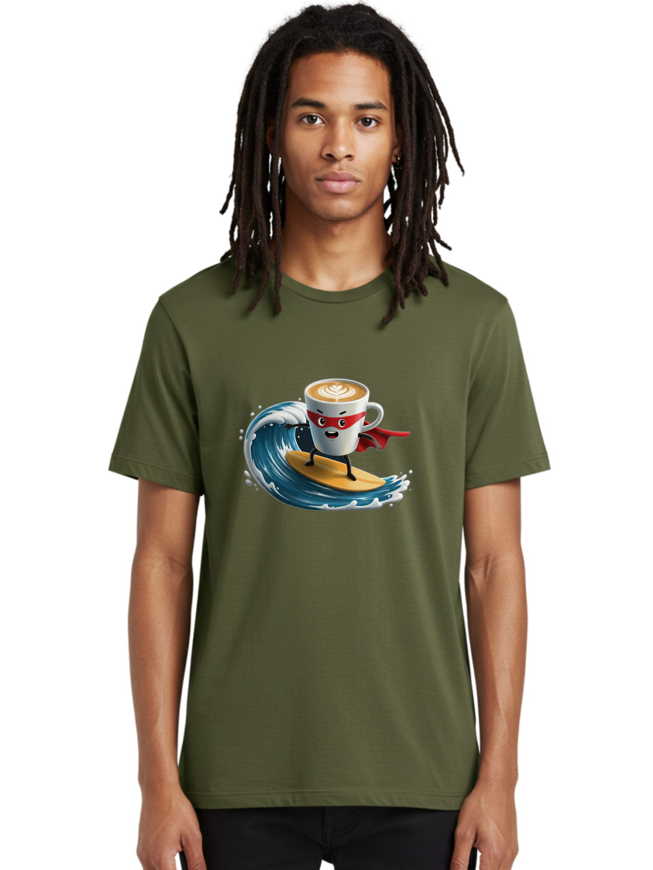 Coffee-Cup-Surfing-Hero Men'S Graphic Tee, 100% Cotton, Comfortable Casual Summer Wear, Machine Washable, Cartoon Coffee Cup, Latte Art, Superhero Cape, Red Mask, Surfing, Wave, Ocean, Fun, Adventure, Humor, Coffee Culture, Playful, Animation Bab799 22