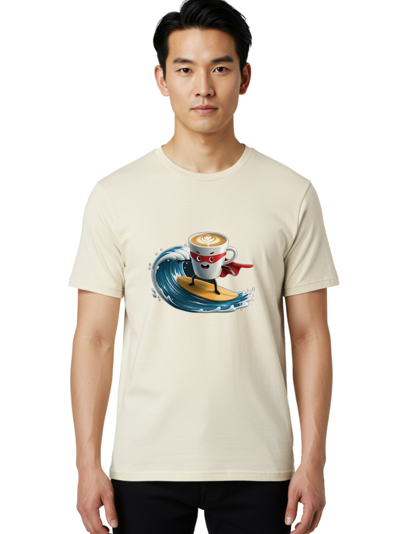 Coffee-Cup-Surfing-Hero Men'S Graphic Tee, 100% Cotton, Comfortable Casual Summer Wear, Machine Washable, Cartoon Coffee Cup, Latte Art, Superhero Cape, Red Mask, Surfing, Wave, Ocean, Fun, Adventure, Humor, Coffee Culture, Playful, Animation Bab799 24