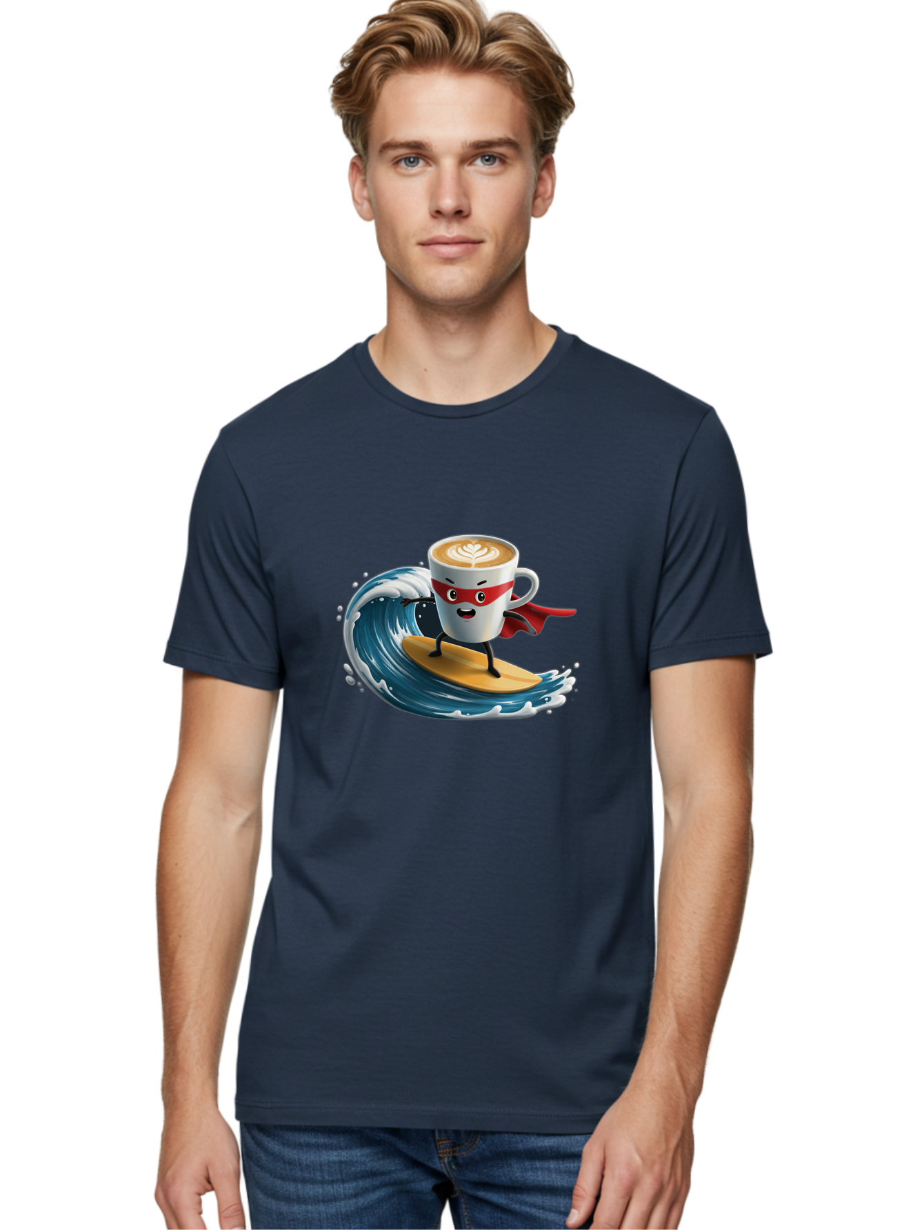 Coffee-Cup-Surfing-Hero Men'S Graphic Tee, 100% Cotton, Comfortable Casual Summer Wear, Machine Washable, Cartoon Coffee Cup, Latte Art, Superhero Cape, Red Mask, Surfing, Wave, Ocean, Fun, Adventure, Humor, Coffee Culture, Playful, Animation Bab799 30