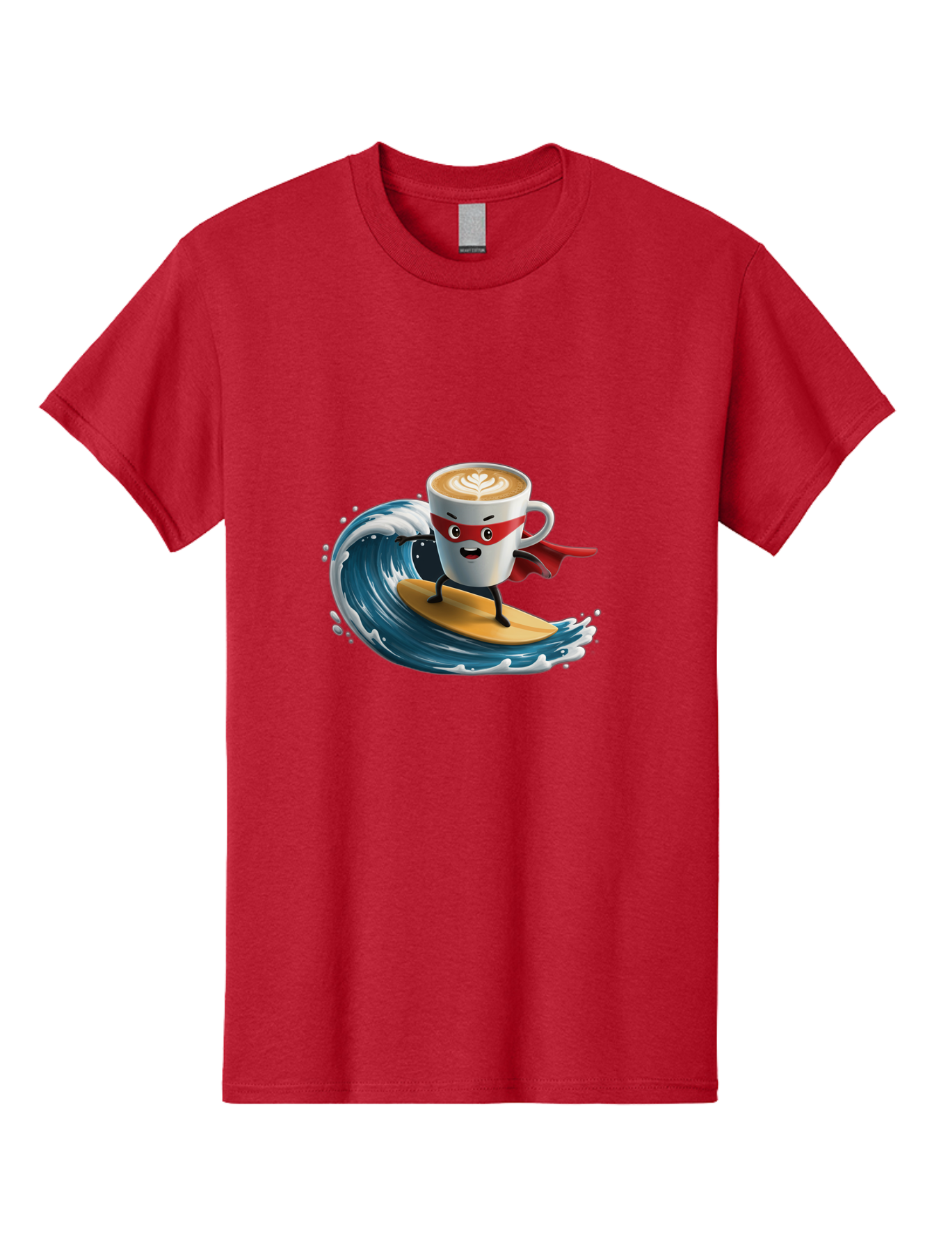 Coffee-Cup-Surfing-Hero Men'S Graphic Tee, 100% Cotton, Comfortable Casual Summer Wear, Machine Washable, Cartoon Coffee Cup, Latte Art, Superhero Cape, Red Mask, Surfing, Wave, Ocean, Fun, Adventure, Humor, Coffee Culture, Playful, Animation Bab799 3