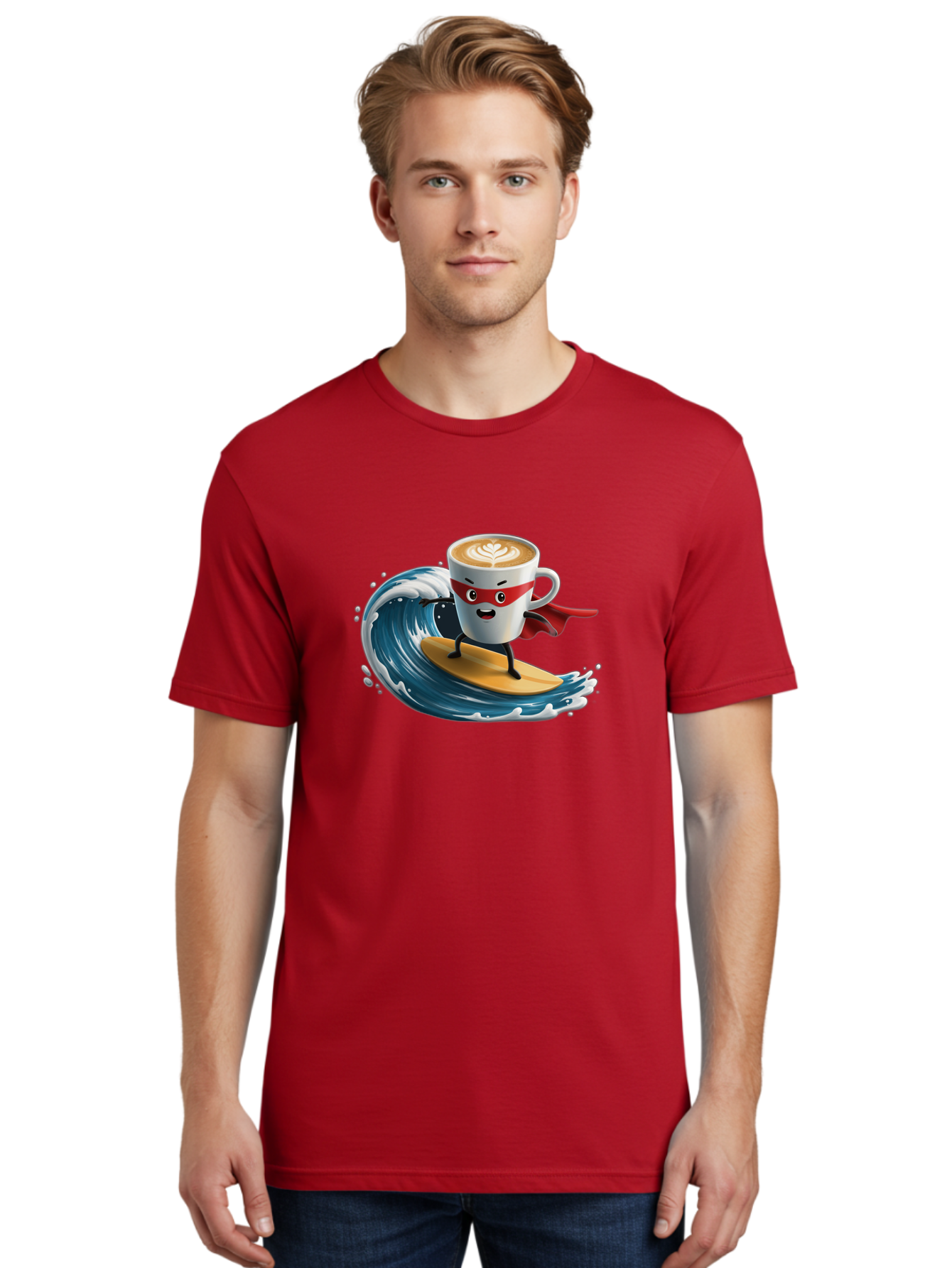 Coffee-Cup-Surfing-Hero Men'S Graphic Tee, 100% Cotton, Comfortable Casual Summer Wear, Machine Washable, Cartoon Coffee Cup, Latte Art, Superhero Cape, Red Mask, Surfing, Wave, Ocean, Fun, Adventure, Humor, Coffee Culture, Playful, Animation Bab799 18