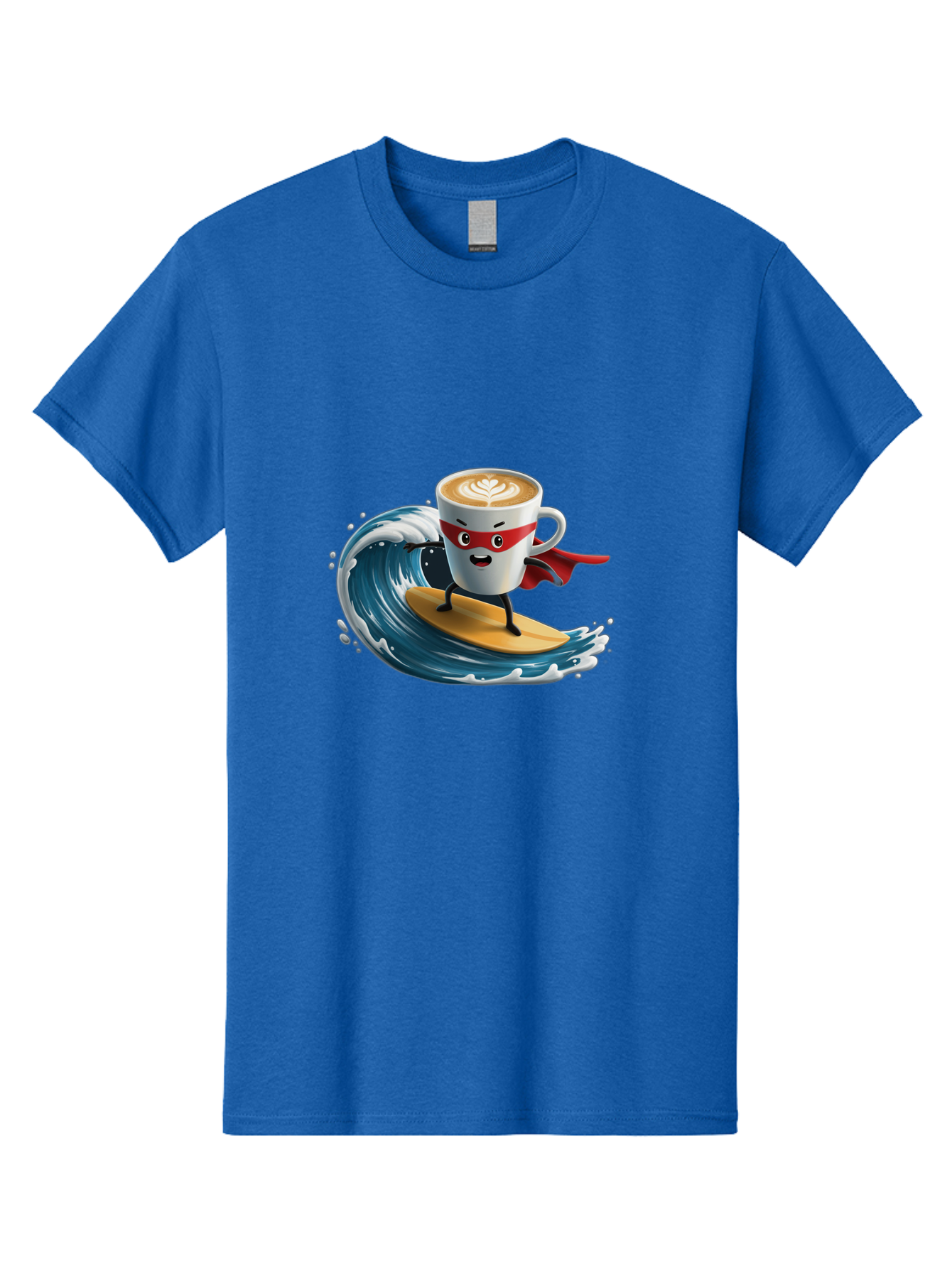 Coffee-Cup-Surfing-Hero Men'S Graphic Tee, 100% Cotton, Comfortable Casual Summer Wear, Machine Washable, Cartoon Coffee Cup, Latte Art, Superhero Cape, Red Mask, Surfing, Wave, Ocean, Fun, Adventure, Humor, Coffee Culture, Playful, Animation Bab799 1
