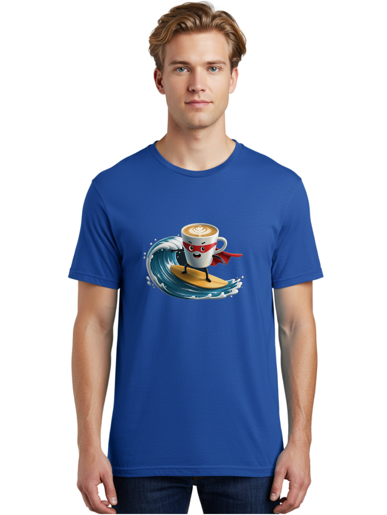 Coffee-Cup-Surfing-Hero Men'S Graphic Tee, 100% Cotton, Comfortable Casual Summer Wear, Machine Washable, Cartoon Coffee Cup, Latte Art, Superhero Cape, Red Mask, Surfing, Wave, Ocean, Fun, Adventure, Humor, Coffee Culture, Playful, Animation Bab799 16