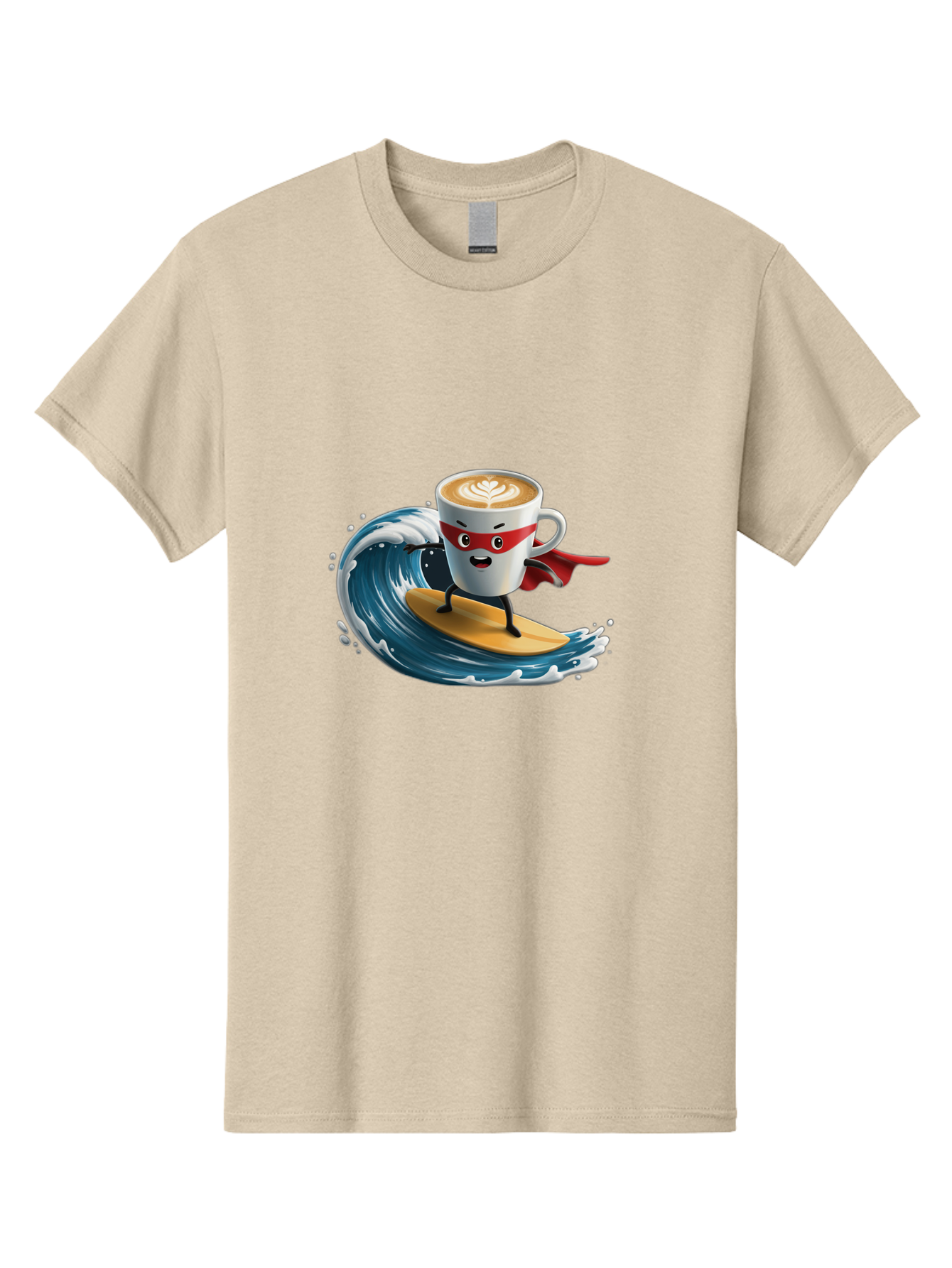 Coffee-Cup-Surfing-Hero Men'S Graphic Tee, 100% Cotton, Comfortable Casual Summer Wear, Machine Washable, Cartoon Coffee Cup, Latte Art, Superhero Cape, Red Mask, Surfing, Wave, Ocean, Fun, Adventure, Humor, Coffee Culture, Playful, Animation Bab799 12