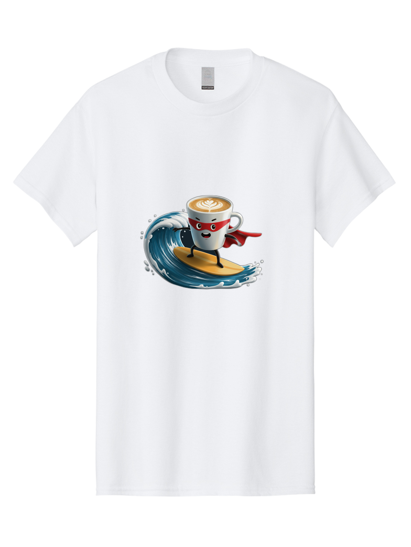 Coffee-Cup-Surfing-Hero Men'S Graphic Tee, 100% Cotton, Comfortable Casual Summer Wear, Machine Washable, Cartoon Coffee Cup, Latte Art, Superhero Cape, Red Mask, Surfing, Wave, Ocean, Fun, Adventure, Humor, Coffee Culture, Playful, Animation Bab799 6