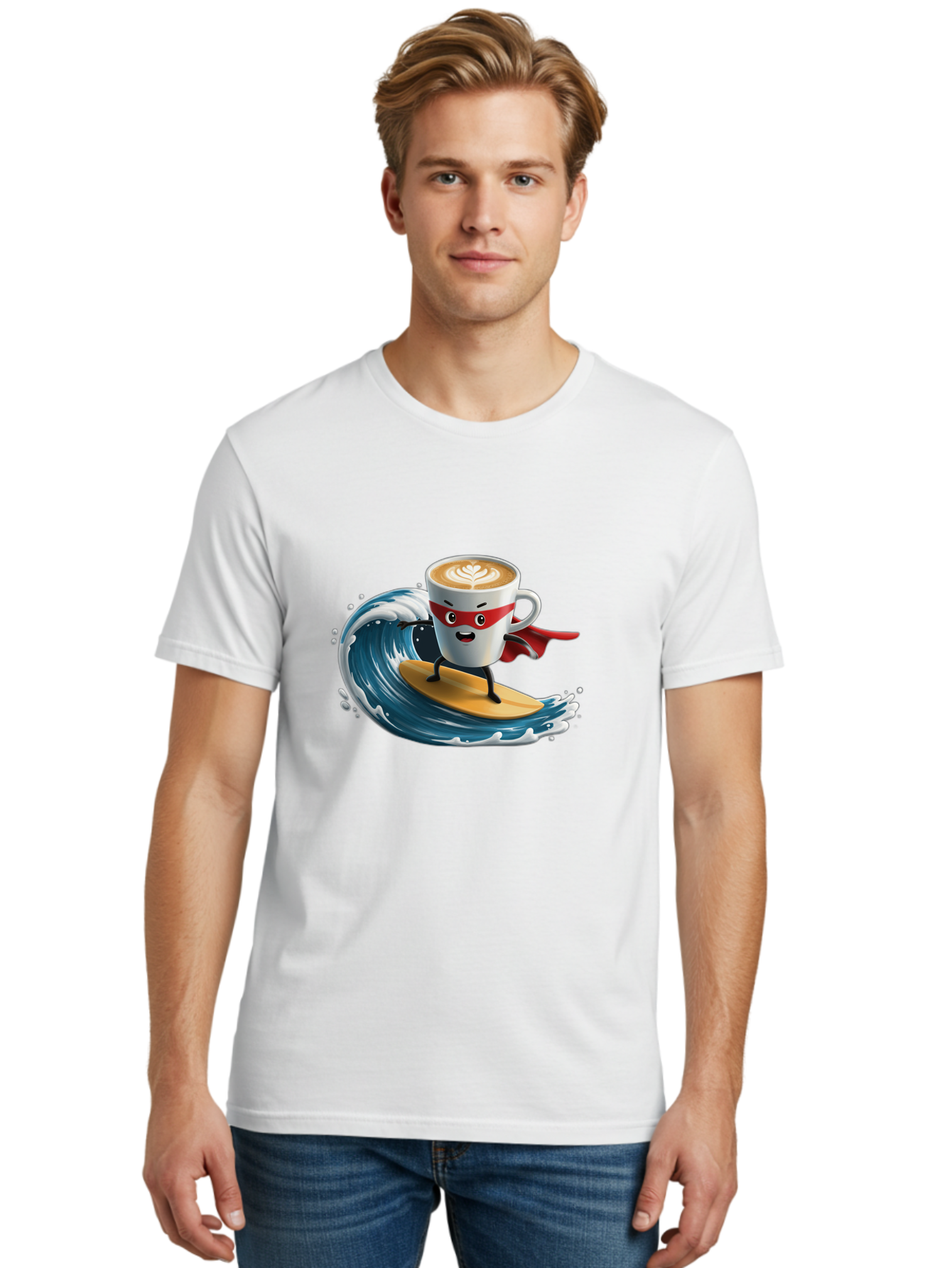 Coffee-Cup-Surfing-Hero Men'S Graphic Tee, 100% Cotton, Comfortable Casual Summer Wear, Machine Washable, Cartoon Coffee Cup, Latte Art, Superhero Cape, Red Mask, Surfing, Wave, Ocean, Fun, Adventure, Humor, Coffee Culture, Playful, Animation Bab799 21