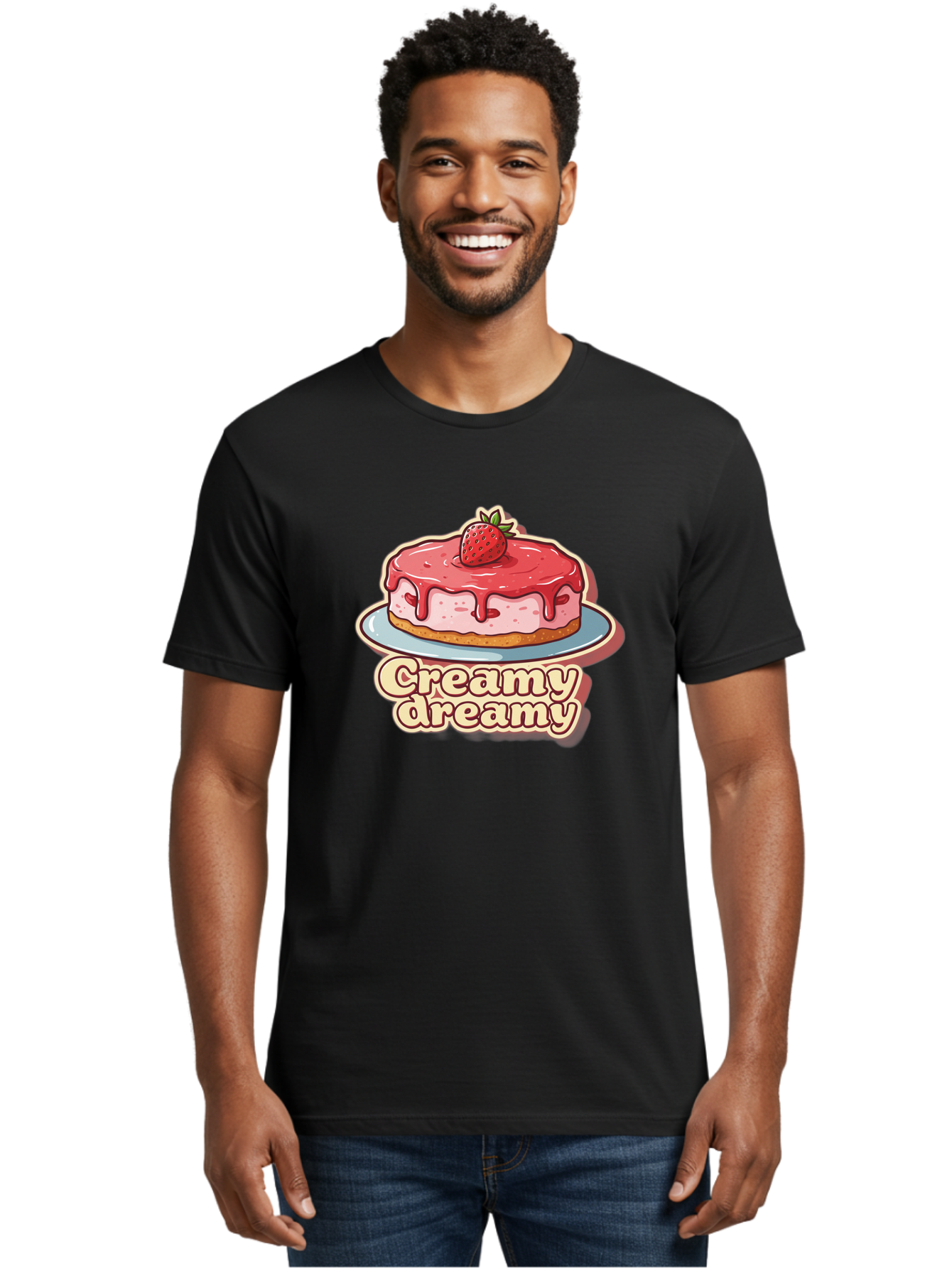 Creamy-Dreamy Men'S Graphic Tee, 100% Cotton, Comfortable Casual Summer Wear, Machine Washable, Strawberry Cheesecake, Sweet Treats, Dessert Lover, Pink Frosting, Strawberry Topping, Creamy Texture, Dreamy Delights, Foodie Art, Bab823 17