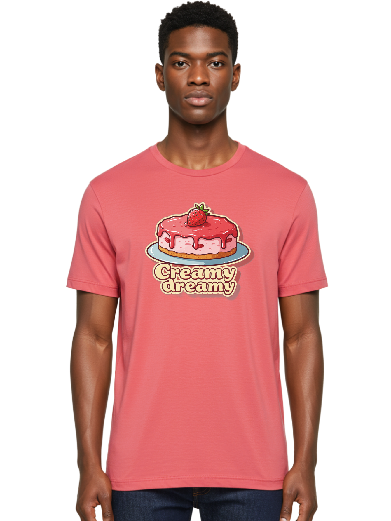 Creamy-Dreamy Men'S Graphic Tee, 100% Cotton, Comfortable Casual Summer Wear, Machine Washable, Strawberry Cheesecake, Sweet Treats, Dessert Lover, Pink Frosting, Strawberry Topping, Creamy Texture, Dreamy Delights, Foodie Art, Bab823 24