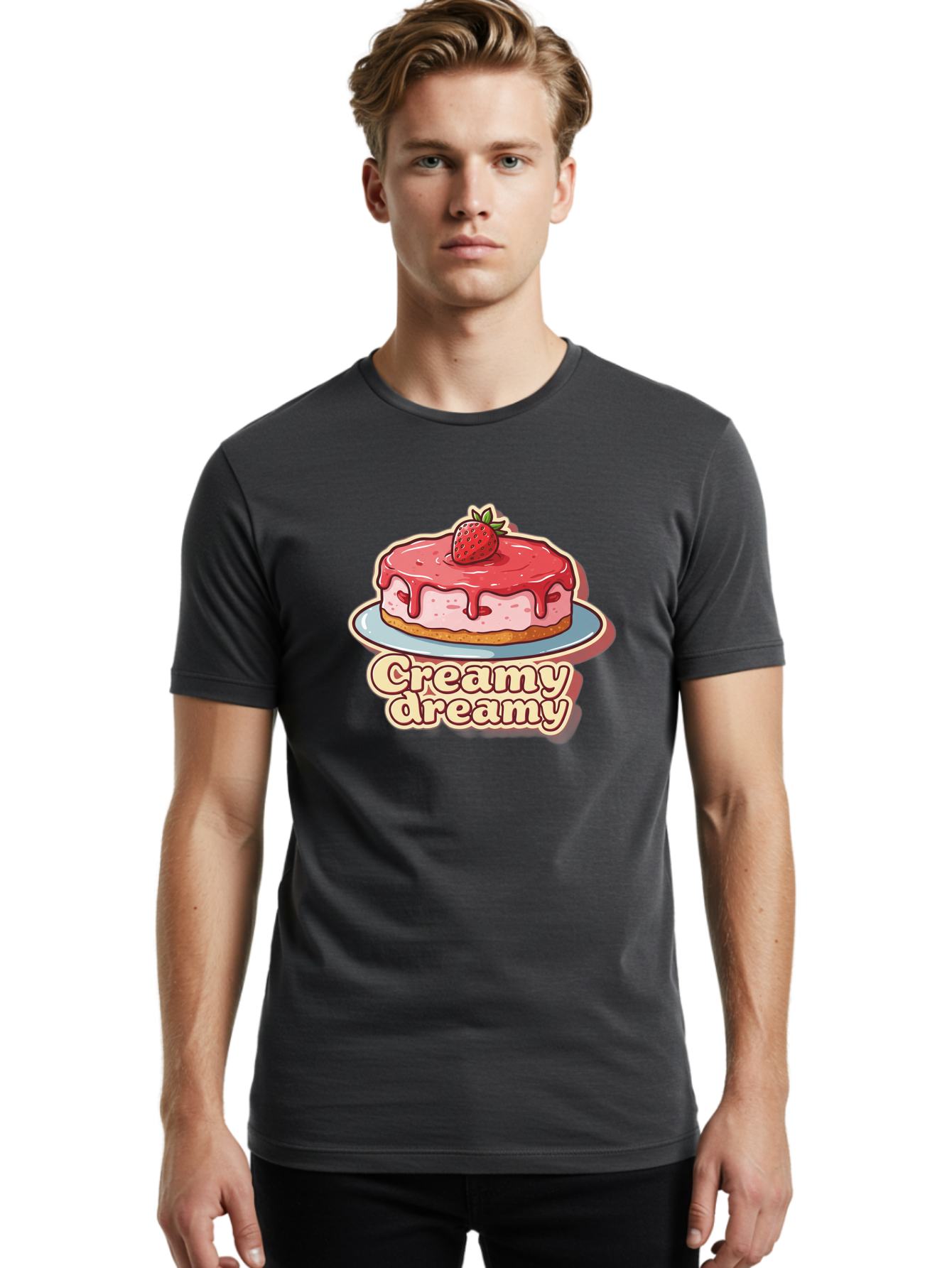 Creamy-Dreamy Men'S Graphic Tee, 100% Cotton, Comfortable Casual Summer Wear, Machine Washable, Strawberry Cheesecake, Sweet Treats, Dessert Lover, Pink Frosting, Strawberry Topping, Creamy Texture, Dreamy Delights, Foodie Art, Bab823 18