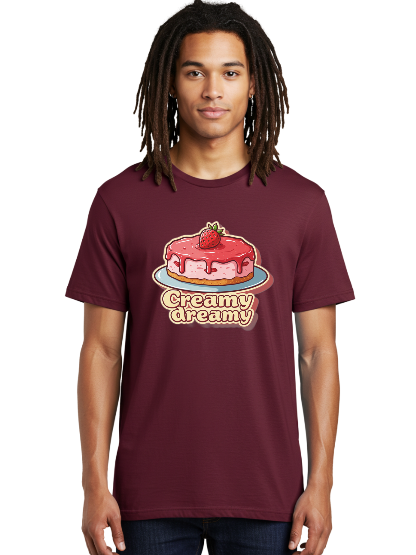 Creamy-Dreamy Men'S Graphic Tee, 100% Cotton, Comfortable Casual Summer Wear, Machine Washable, Strawberry Cheesecake, Sweet Treats, Dessert Lover, Pink Frosting, Strawberry Topping, Creamy Texture, Dreamy Delights, Foodie Art, Bab823 25