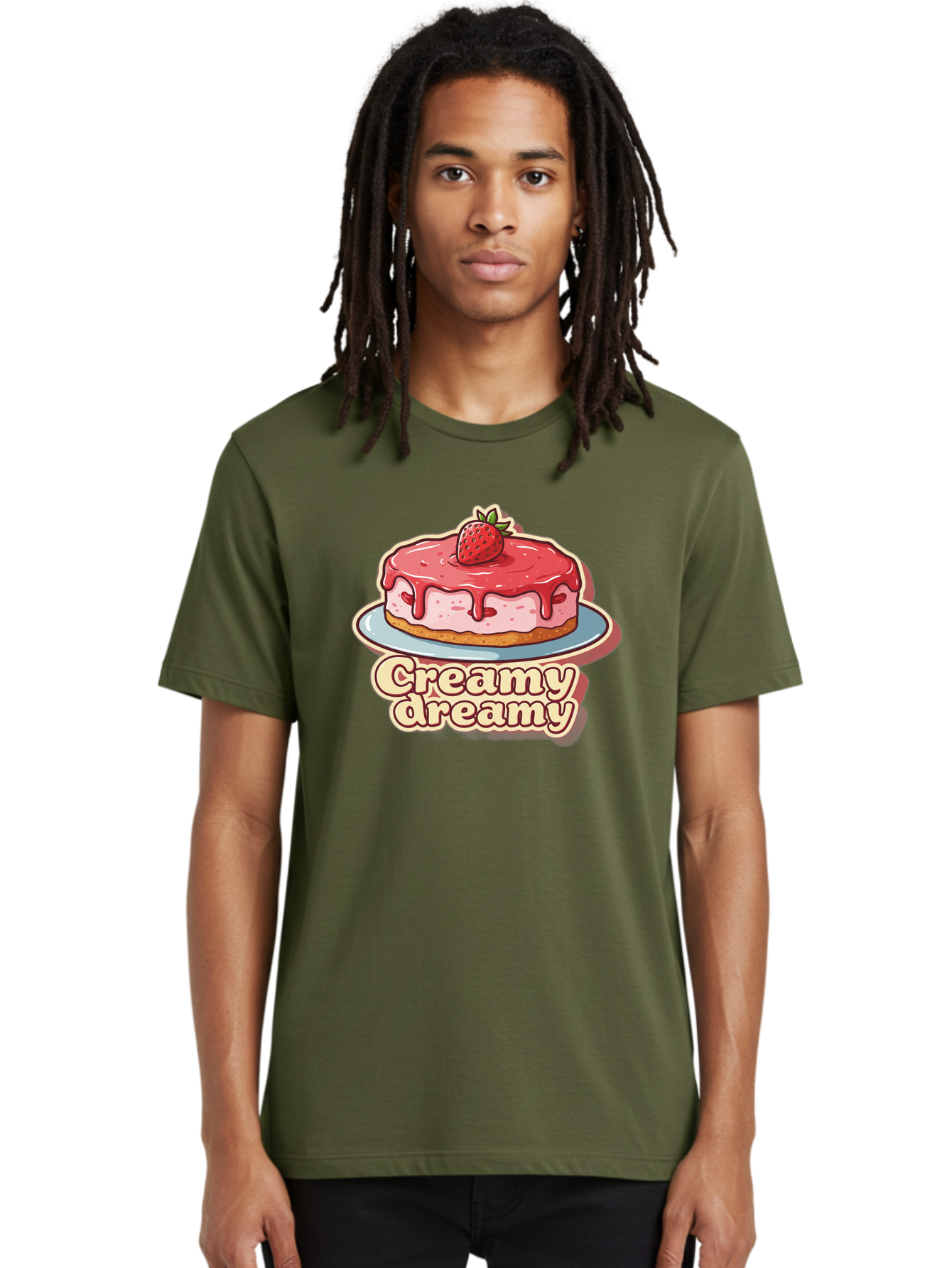 Creamy-Dreamy Men'S Graphic Tee, 100% Cotton, Comfortable Casual Summer Wear, Machine Washable, Strawberry Cheesecake, Sweet Treats, Dessert Lover, Pink Frosting, Strawberry Topping, Creamy Texture, Dreamy Delights, Foodie Art, Bab823 26