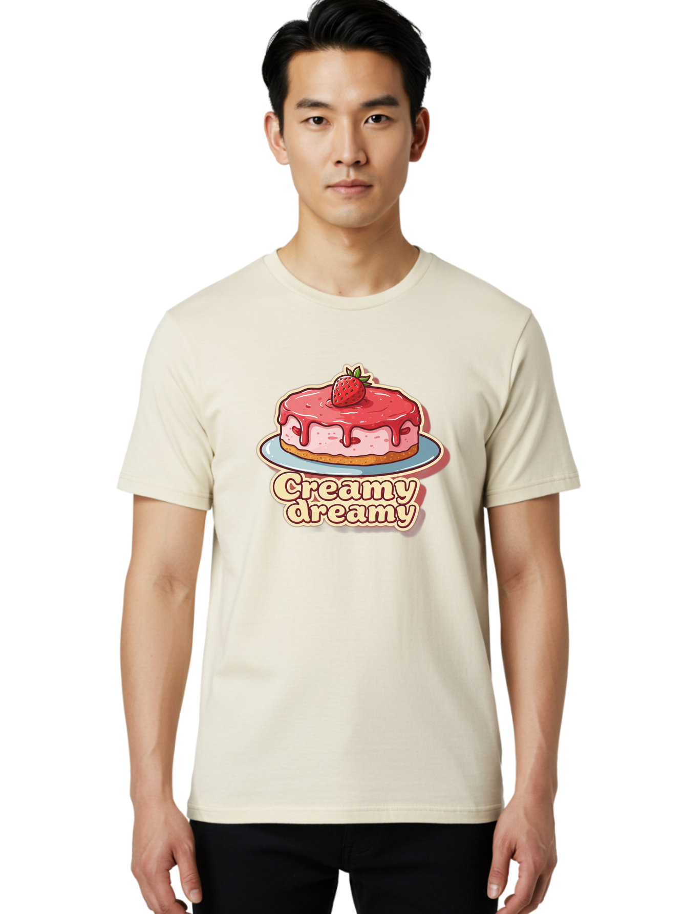 Creamy-Dreamy Men'S Graphic Tee, 100% Cotton, Comfortable Casual Summer Wear, Machine Washable, Strawberry Cheesecake, Sweet Treats, Dessert Lover, Pink Frosting, Strawberry Topping, Creamy Texture, Dreamy Delights, Foodie Art, Bab823 21