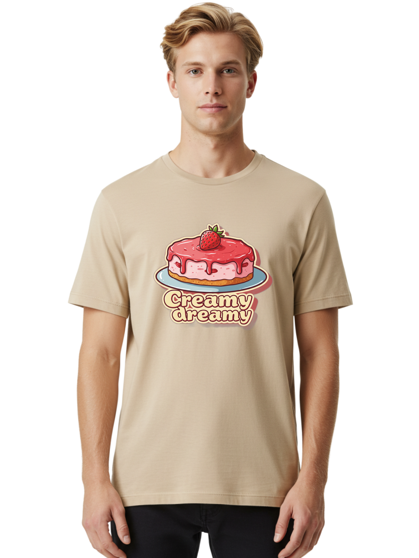 Creamy-Dreamy Men'S Graphic Tee, 100% Cotton, Comfortable Casual Summer Wear, Machine Washable, Strawberry Cheesecake, Sweet Treats, Dessert Lover, Pink Frosting, Strawberry Topping, Creamy Texture, Dreamy Delights, Foodie Art, Bab823 16