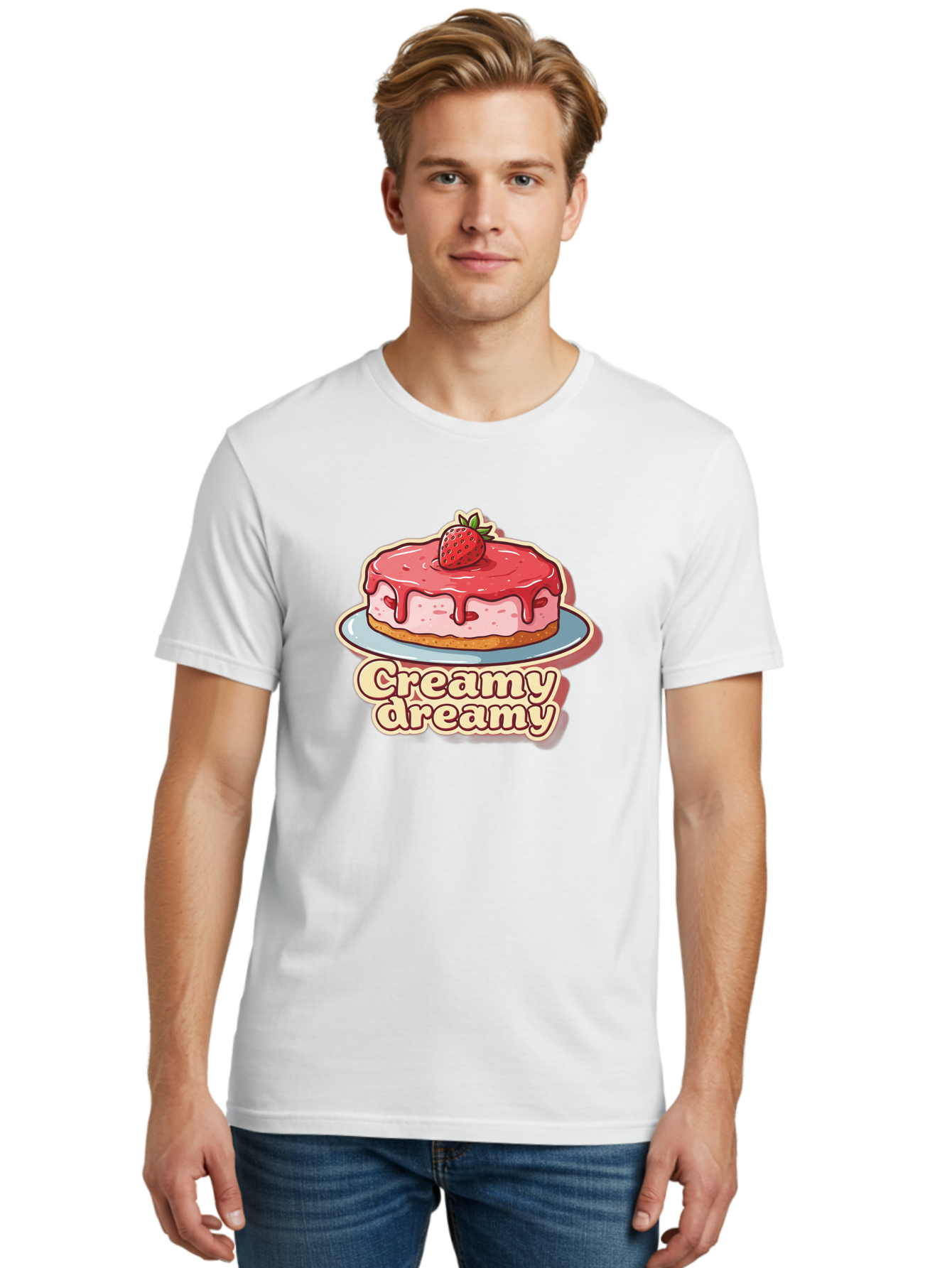 Creamy-Dreamy Men'S Graphic Tee, 100% Cotton, Comfortable Casual Summer Wear, Machine Washable, Strawberry Cheesecake, Sweet Treats, Dessert Lover, Pink Frosting, Strawberry Topping, Creamy Texture, Dreamy Delights, Foodie Art, Bab823 29