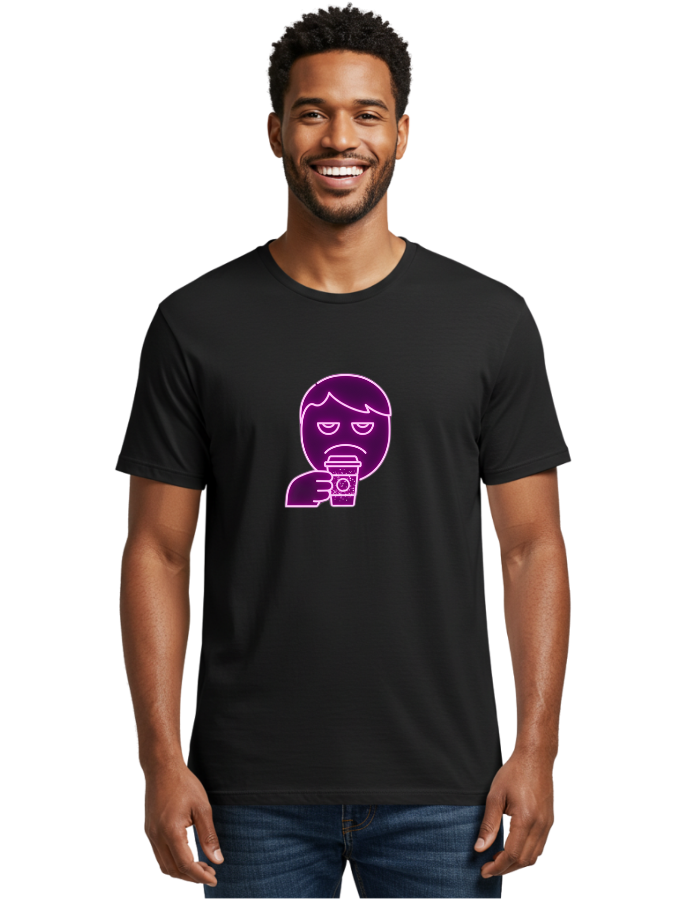 Disappointed-Coffee-Drinker Men'S Graphic Tee, 100% Cotton, Comfortable Casual Summer Wear, Machine Washable, Unhappy Person, Drinking Coffee, Sad Face, Frowning, Coffee Cup, Purple Illustration, Cartoon Character, Coffee Lover, Bab857 18