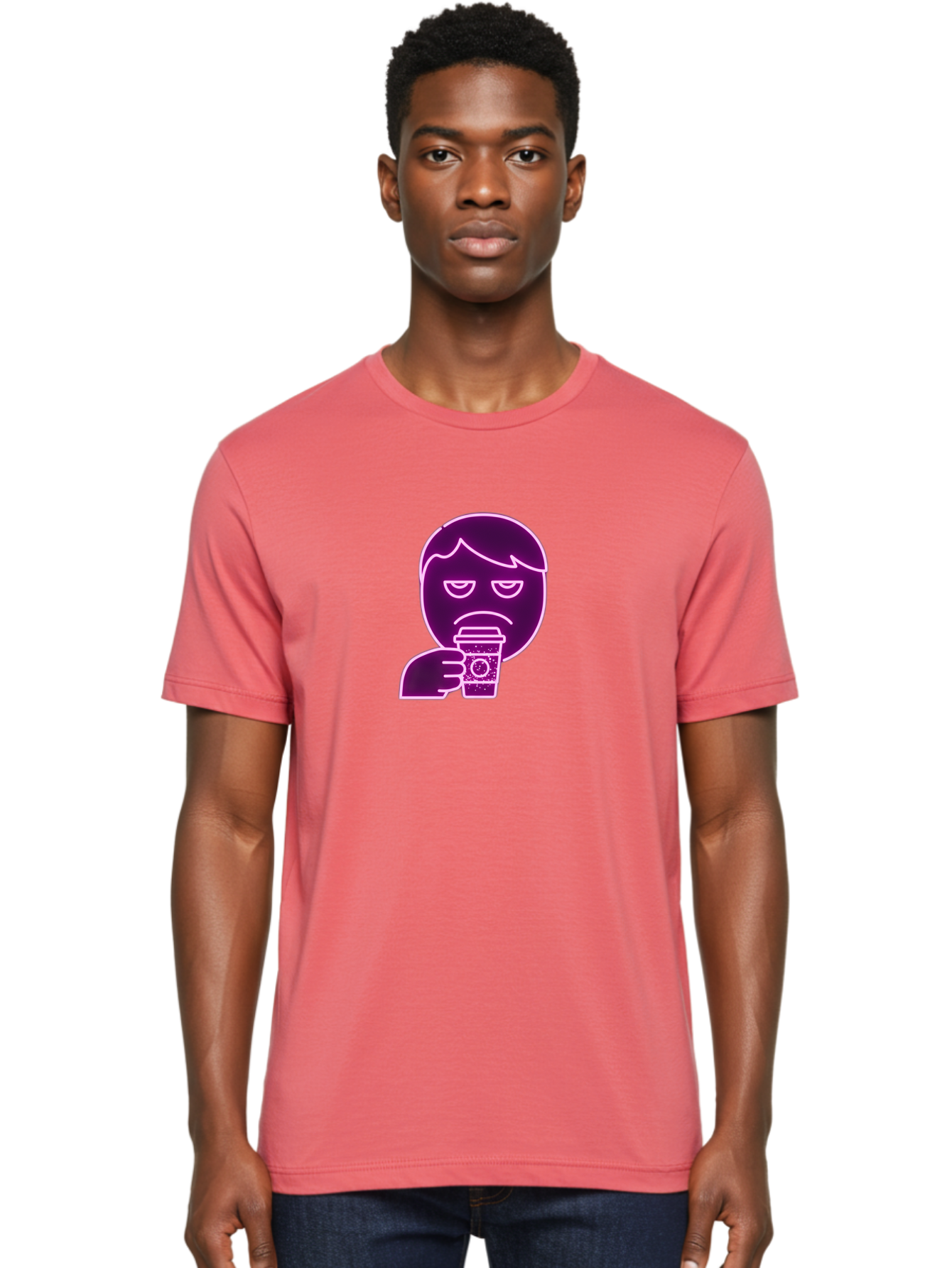 Disappointed-Coffee-Drinker Men'S Graphic Tee, 100% Cotton, Comfortable Casual Summer Wear, Machine Washable, Unhappy Person, Drinking Coffee, Sad Face, Frowning, Coffee Cup, Purple Illustration, Cartoon Character, Coffee Lover, Bab857 20