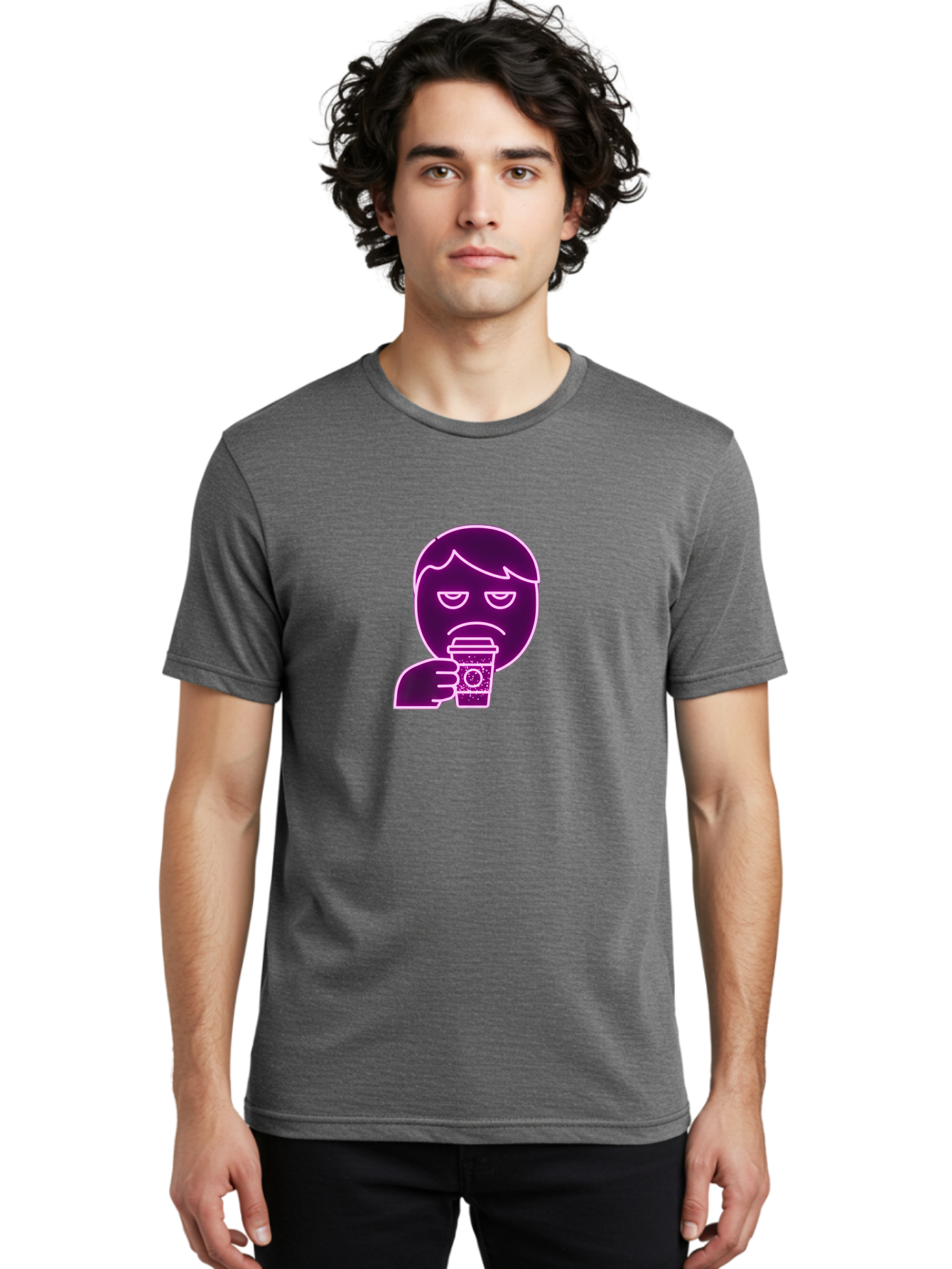 Disappointed-Coffee-Drinker Men'S Graphic Tee, 100% Cotton, Comfortable Casual Summer Wear, Machine Washable, Unhappy Person, Drinking Coffee, Sad Face, Frowning, Coffee Cup, Purple Illustration, Cartoon Character, Coffee Lover, Bab857 25