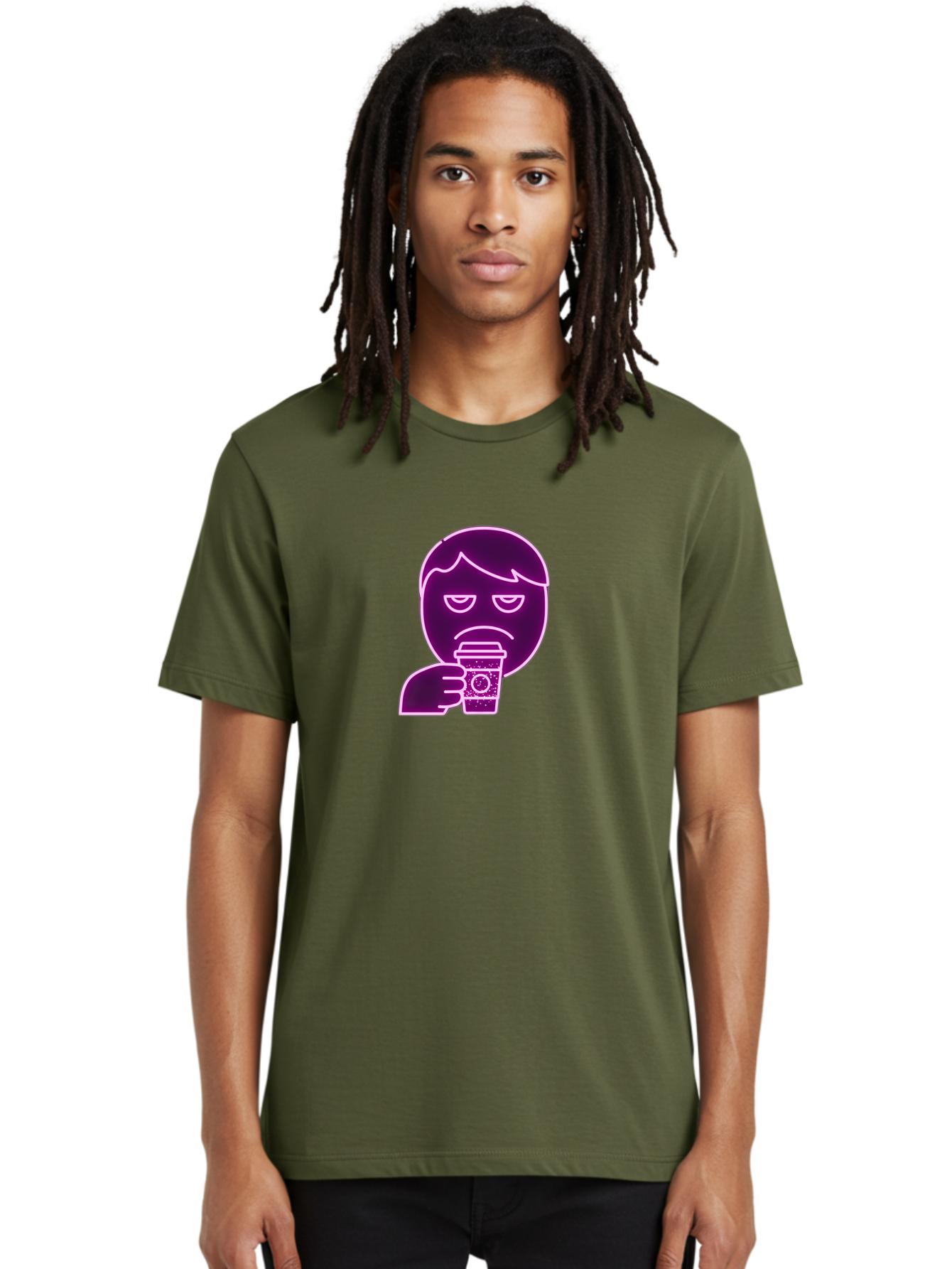 Disappointed-Coffee-Drinker Men'S Graphic Tee, 100% Cotton, Comfortable Casual Summer Wear, Machine Washable, Unhappy Person, Drinking Coffee, Sad Face, Frowning, Coffee Cup, Purple Illustration, Cartoon Character, Coffee Lover, Bab857 21