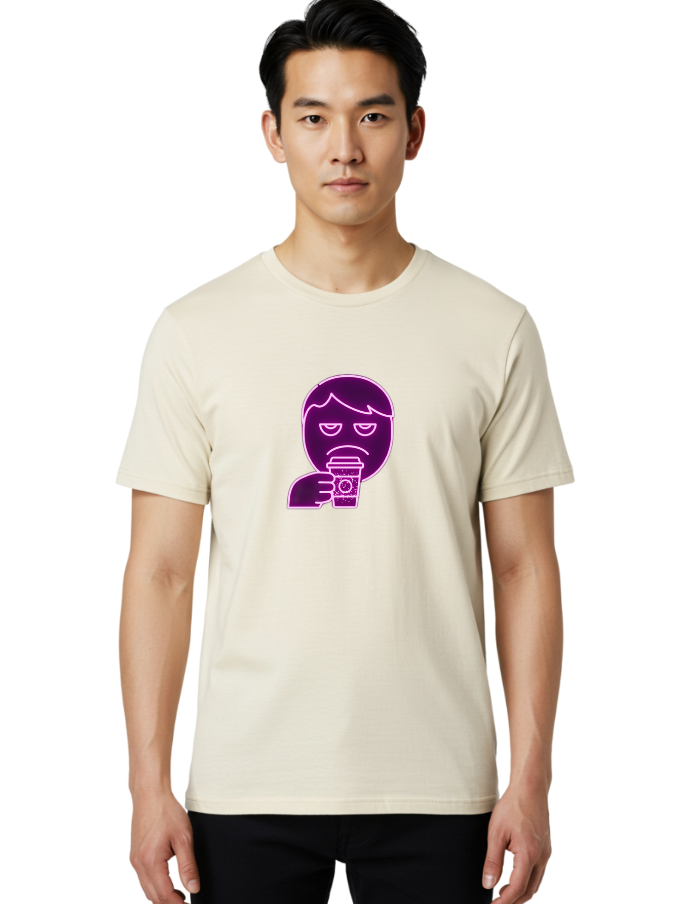 Disappointed-Coffee-Drinker Men'S Graphic Tee, 100% Cotton, Comfortable Casual Summer Wear, Machine Washable, Unhappy Person, Drinking Coffee, Sad Face, Frowning, Coffee Cup, Purple Illustration, Cartoon Character, Coffee Lover, Bab857 30