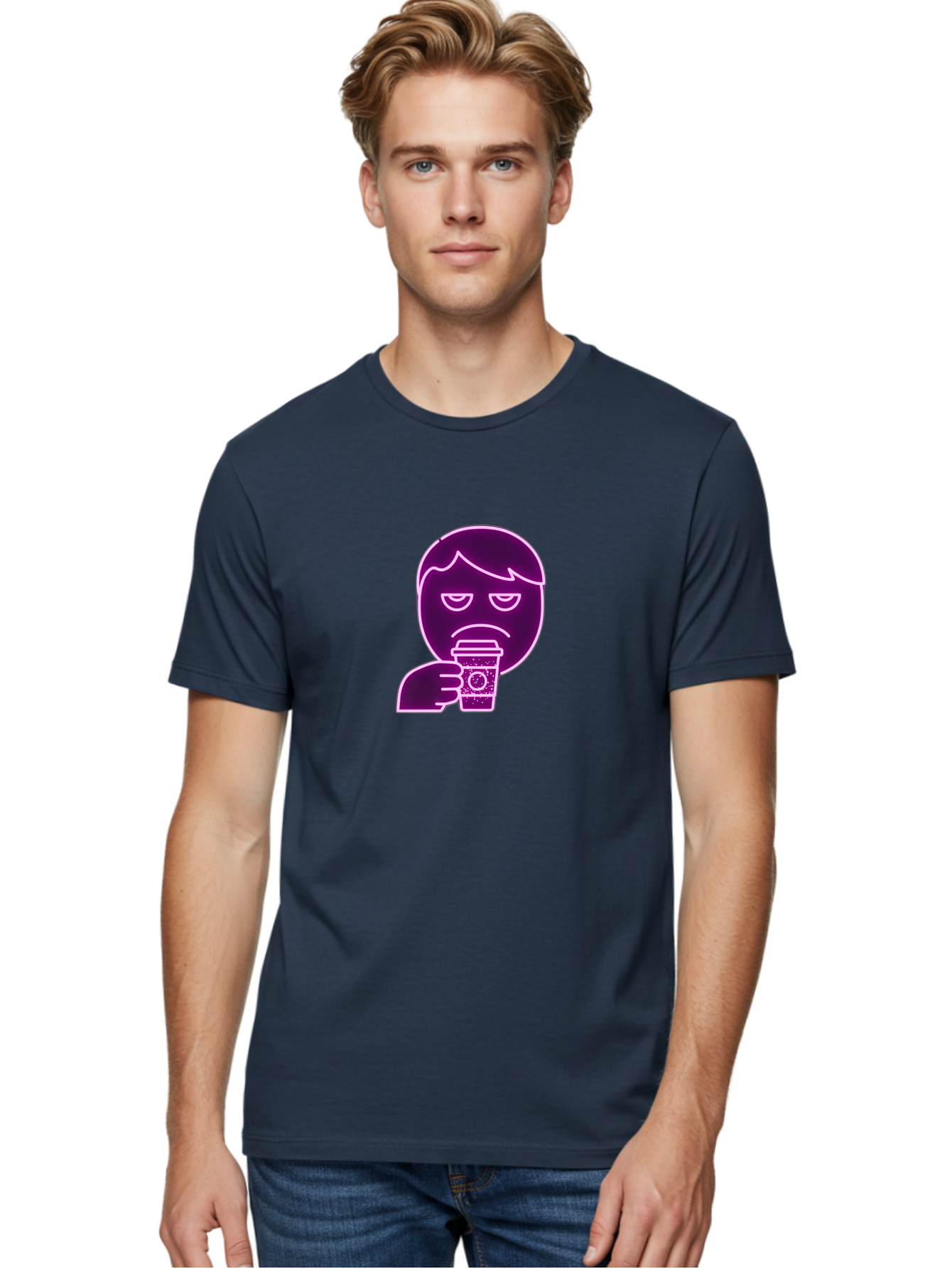 Disappointed-Coffee-Drinker Men'S Graphic Tee, 100% Cotton, Comfortable Casual Summer Wear, Machine Washable, Unhappy Person, Drinking Coffee, Sad Face, Frowning, Coffee Cup, Purple Illustration, Cartoon Character, Coffee Lover, Bab857 17