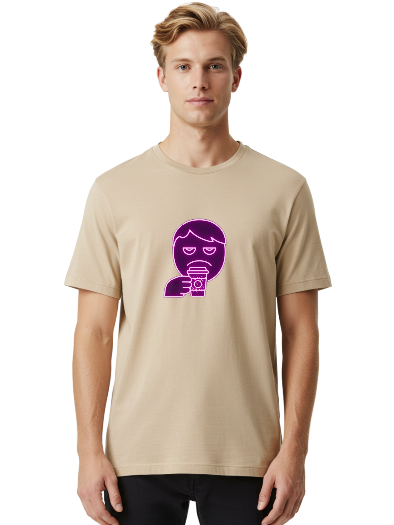 Disappointed-Coffee-Drinker Men'S Graphic Tee, 100% Cotton, Comfortable Casual Summer Wear, Machine Washable, Unhappy Person, Drinking Coffee, Sad Face, Frowning, Coffee Cup, Purple Illustration, Cartoon Character, Coffee Lover, Bab857 27