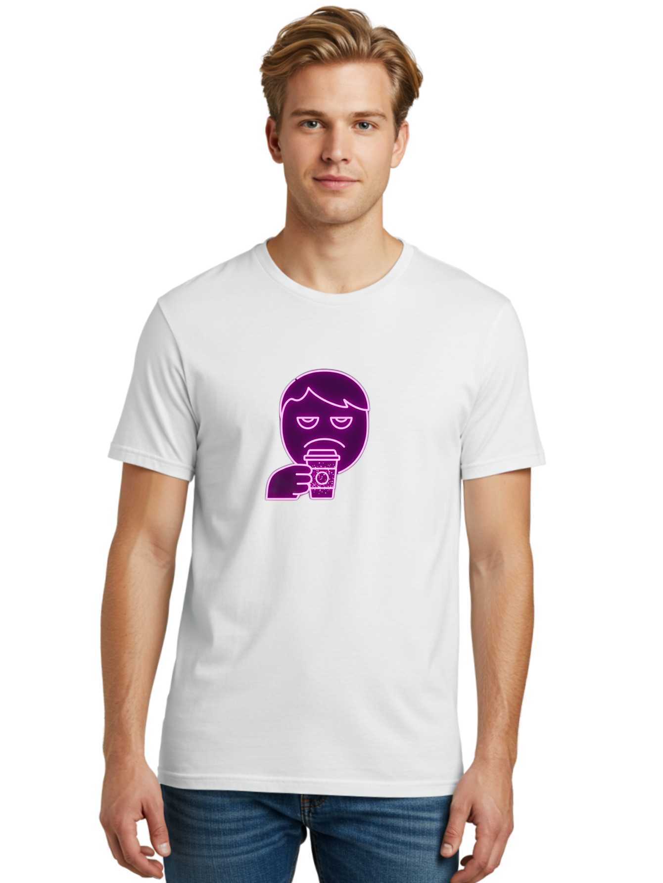 Disappointed-Coffee-Drinker Men'S Graphic Tee, 100% Cotton, Comfortable Casual Summer Wear, Machine Washable, Unhappy Person, Drinking Coffee, Sad Face, Frowning, Coffee Cup, Purple Illustration, Cartoon Character, Coffee Lover, Bab857 22