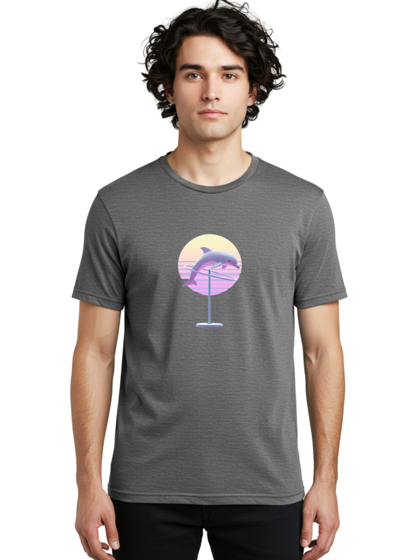 Dolphin-Spin-Art Men'S Graphic Tee, 100% Cotton, Comfortable Casual Summer Wear, Machine Washable, Dolphin Leaping, Ocean Scenery, Pastel Colors, Abstract Art, Surrealism, 3D Illustration, Creative Design, Modern Artwork, Minimalist Style, Bab866 24
