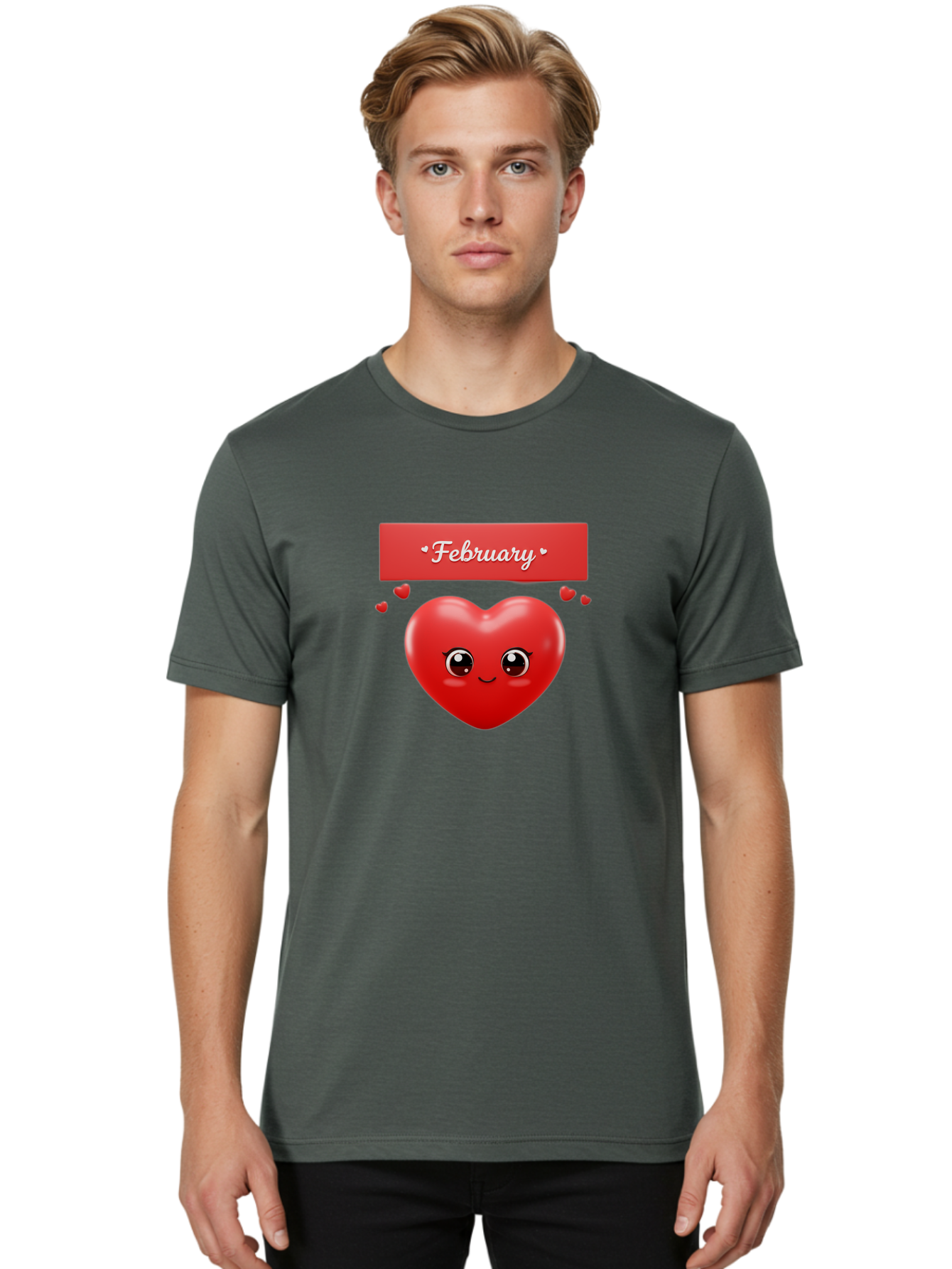 February Men'S Graphic Tee, 100% Cotton, Comfortable Casual Summer Wear, Machine Washable, Smiling Heart, Red Heart, Love Symbol, Valentines Day, Cute Cartoon Character, Heart Eyes, February Month, Sweetheart, February Love Bab902 27