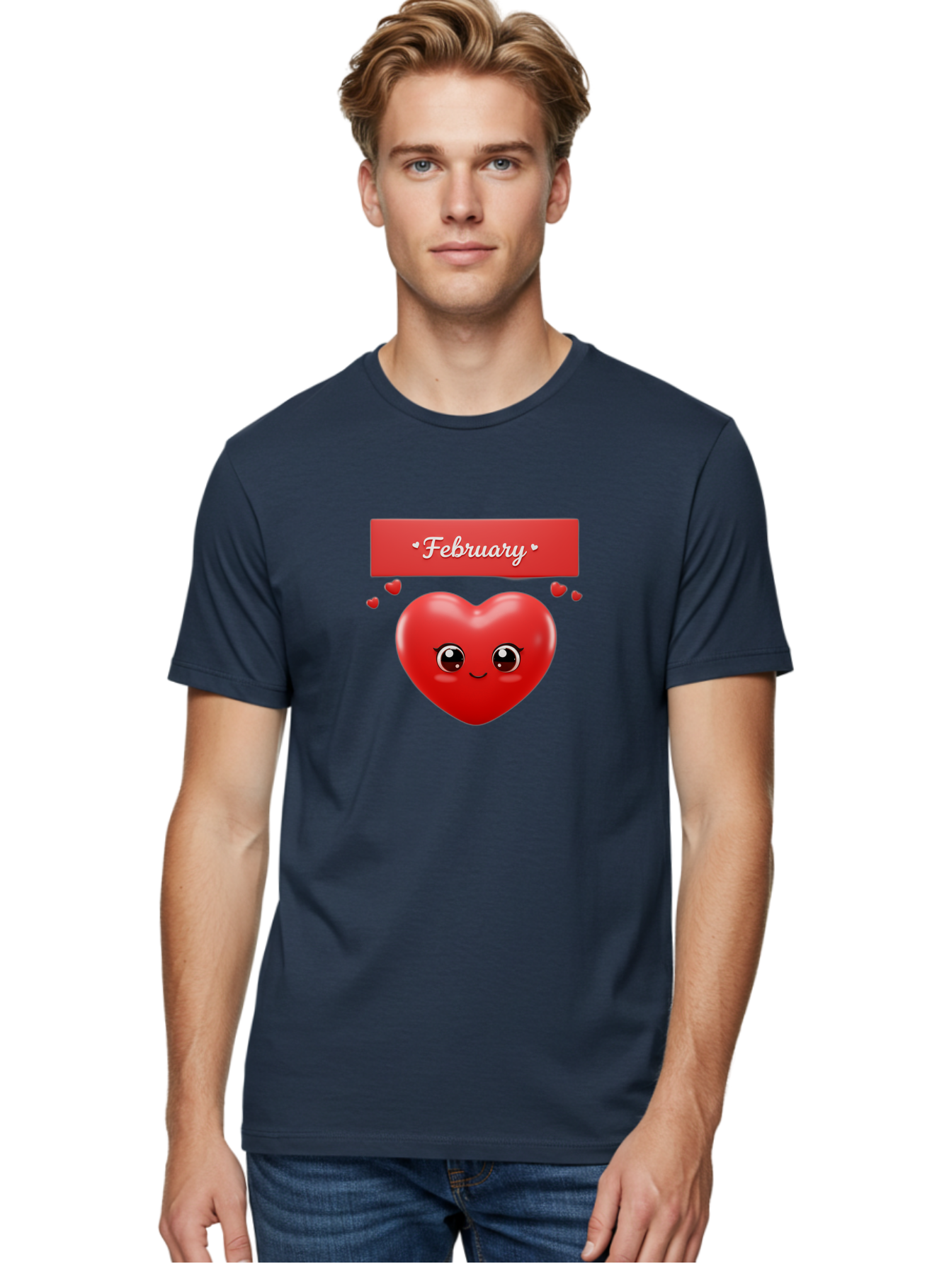 February Men'S Graphic Tee, 100% Cotton, Comfortable Casual Summer Wear, Machine Washable, Smiling Heart, Red Heart, Love Symbol, Valentines Day, Cute Cartoon Character, Heart Eyes, February Month, Sweetheart, February Love Bab902 25