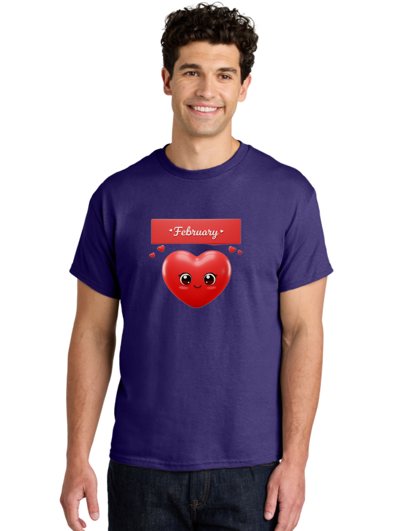 February Men'S Graphic Tee, 100% Cotton, Comfortable Casual Summer Wear, Machine Washable, Smiling Heart, Red Heart, Love Symbol, Valentines Day, Cute Cartoon Character, Heart Eyes, February Month, Sweetheart, February Love Bab902 18