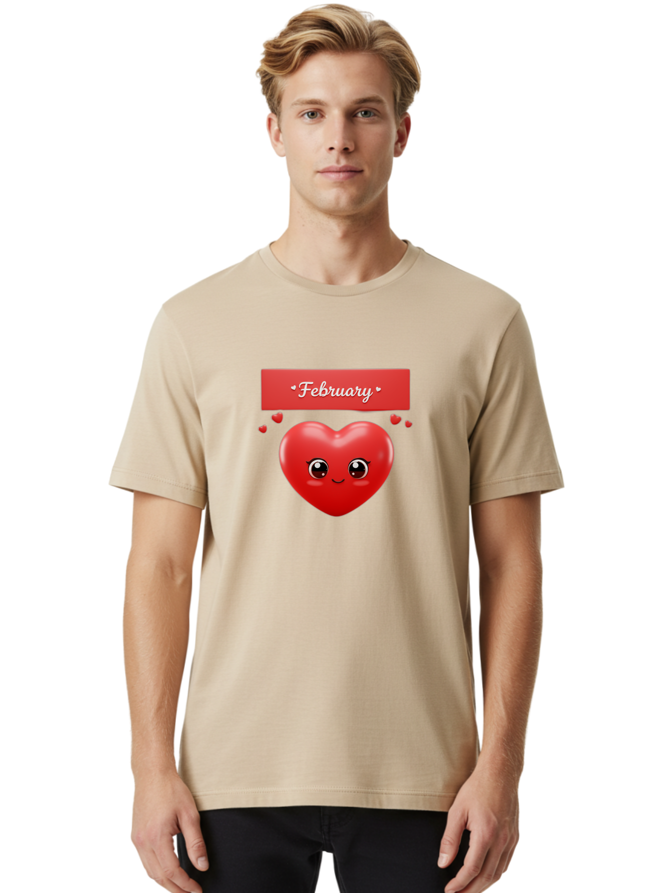 February Men'S Graphic Tee, 100% Cotton, Comfortable Casual Summer Wear, Machine Washable, Smiling Heart, Red Heart, Love Symbol, Valentines Day, Cute Cartoon Character, Heart Eyes, February Month, Sweetheart, February Love Bab902 28