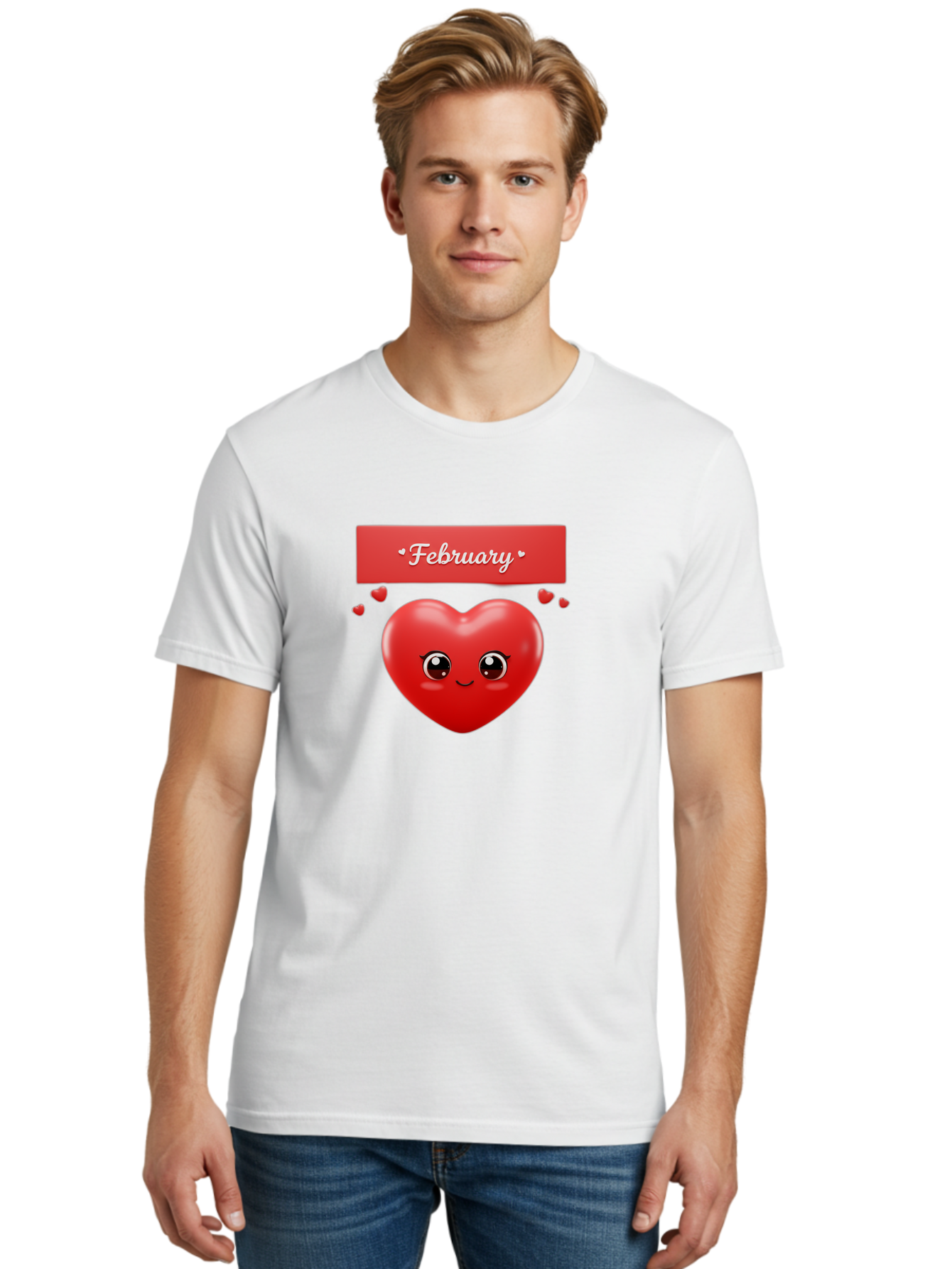 February Men'S Graphic Tee, 100% Cotton, Comfortable Casual Summer Wear, Machine Washable, Smiling Heart, Red Heart, Love Symbol, Valentines Day, Cute Cartoon Character, Heart Eyes, February Month, Sweetheart, February Love Bab902 21