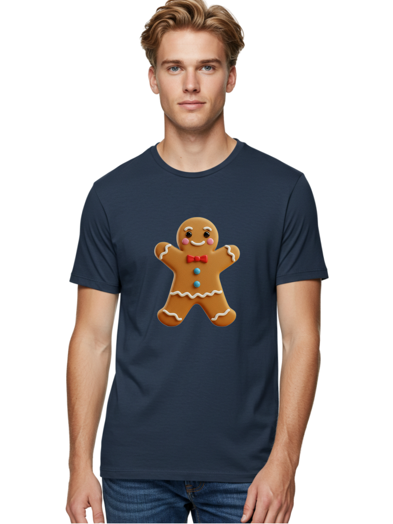 Gingerbread-Man-13 Men'S Graphic Tee, 100% Cotton, Comfortable Casual Summer Wear, Machine Washable, Cute Gingerbread Man, Christmas Cookie, Festive Treat, Red Bow Tie, White Icing, Blue Candy Buttons, Holiday Baking, Sweet Delight Bab945 24