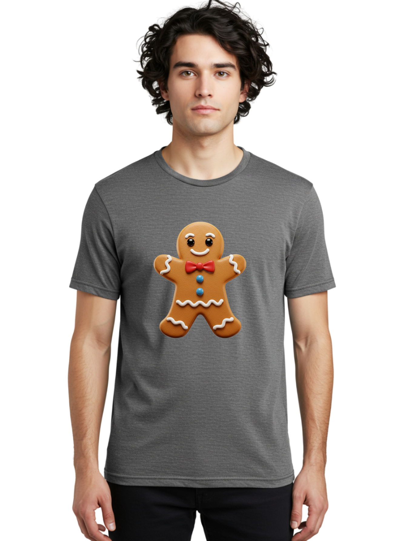 Gingerbread-Man-15 Men'S Graphic Tee, 100% Cotton, Comfortable Casual Summer Wear, Machine Washable, Gingerbread Man, Christmas Cookie, Red Bow Tie, White Icing, Blue Buttons, Festive Treat, Holiday Baking, Sweet Delight, Winter Wonderland Bab947 21