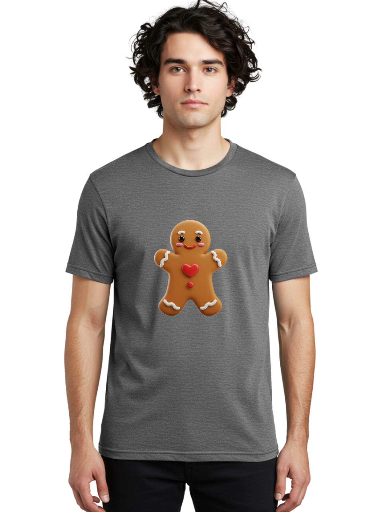 Gingerbread-Man-8 Men'S Graphic Tee, 100% Cotton, Comfortable Casual Summer Wear, Machine Washable, 3D Gingerbread Man, Festive Holiday Treat, Cartoon Character, White Icing Details, Red Heart Decoration, Sweet Indulgence, Christmas Cookie, Bab956 23