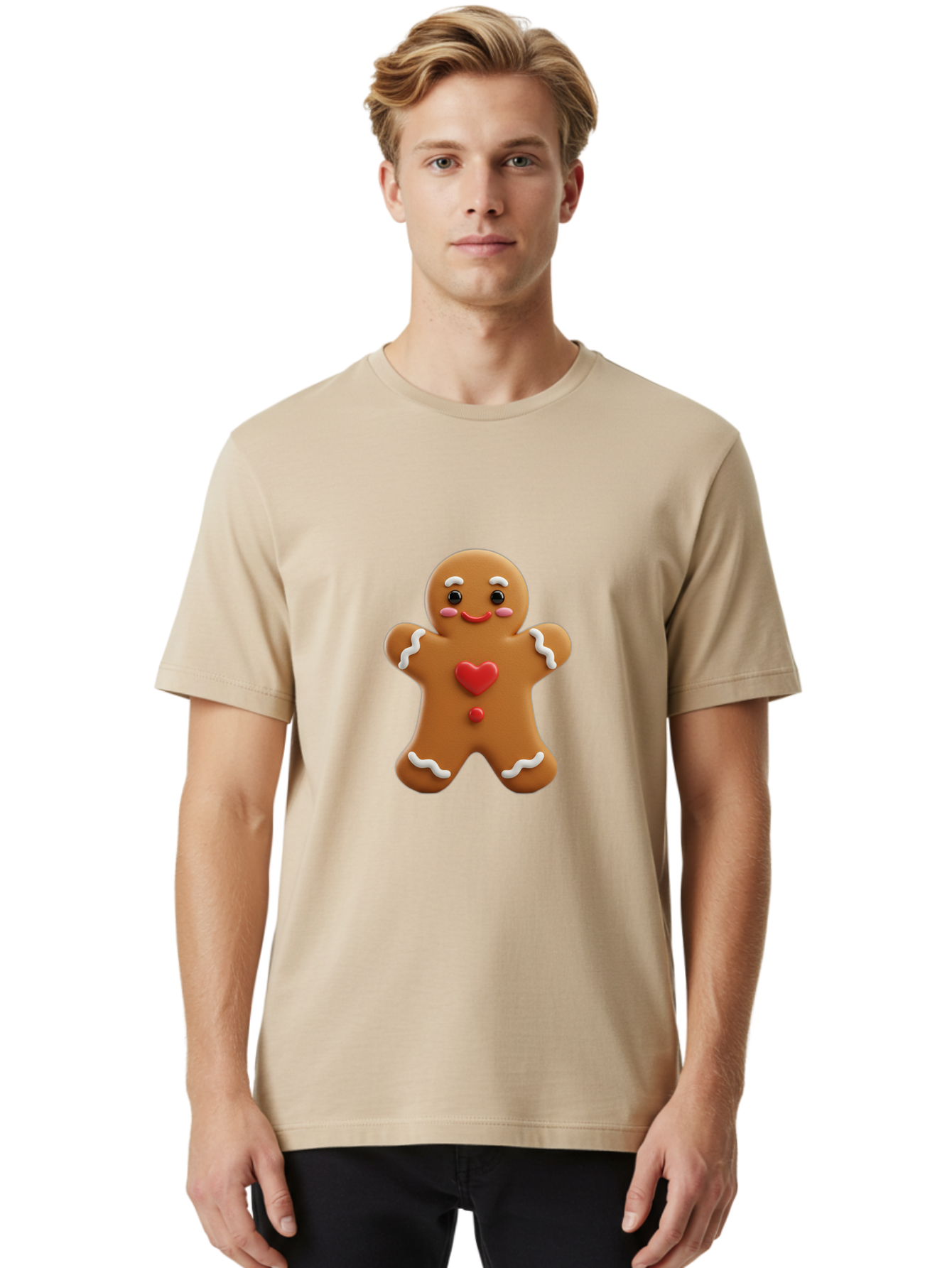 Gingerbread-Man-8 Men'S Graphic Tee, 100% Cotton, Comfortable Casual Summer Wear, Machine Washable, 3D Gingerbread Man, Festive Holiday Treat, Cartoon Character, White Icing Details, Red Heart Decoration, Sweet Indulgence, Christmas Cookie, Bab956 30