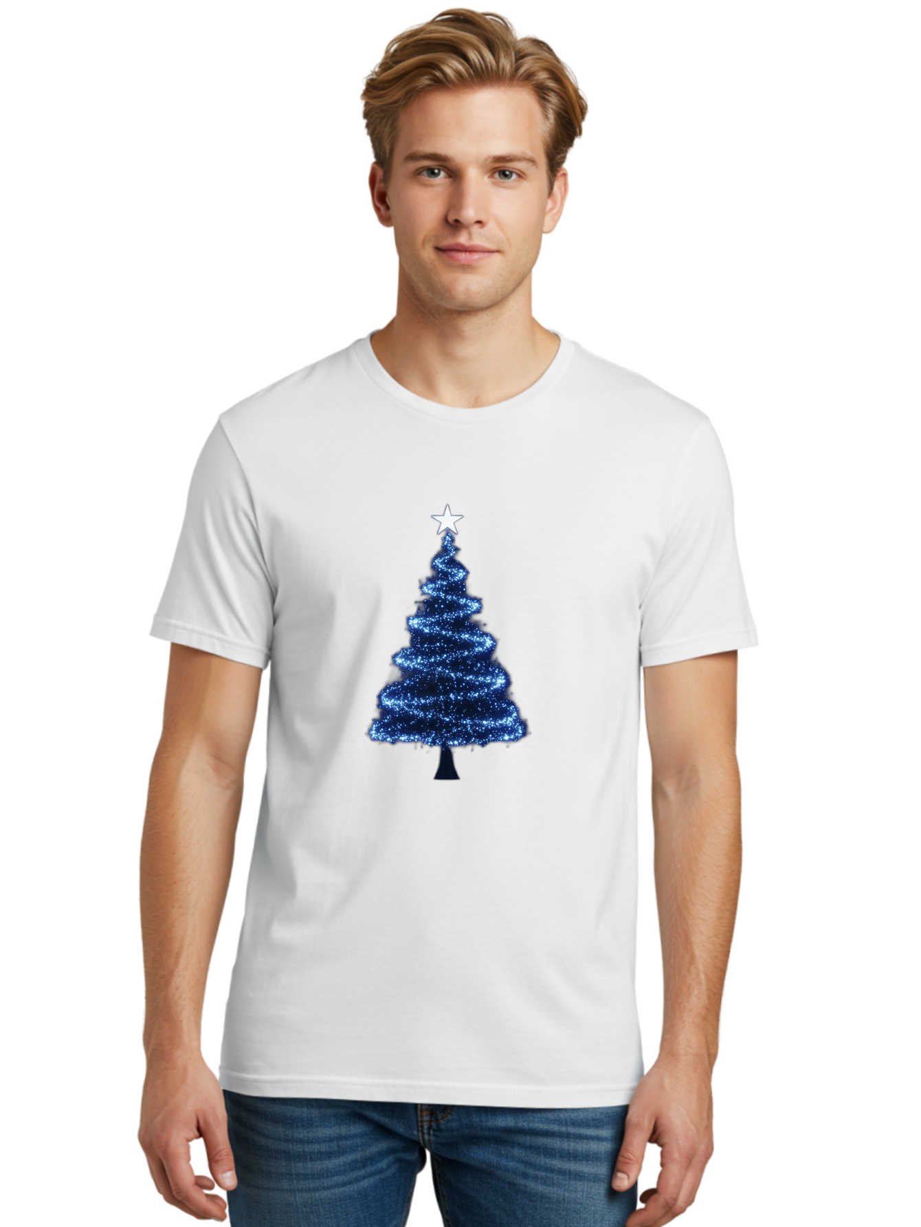 Glittering-Christmas-Tree Men'S Graphic Tee, 100% Cotton, Comfortable Casual Summer Wear, Machine Washable, Blue Christmas Tree, Dark Blue Decorations, Star On Top, Sparkling Lights, Festive Atmosphere, Holiday Season, Winter Wonderland, Bab962 25