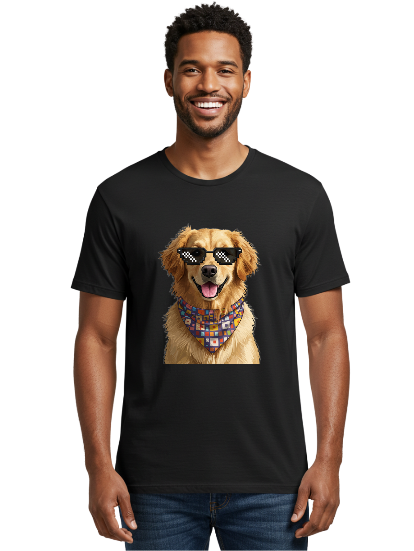 Golden-Retriever-6 Men'S Graphic Tee, 100% Cotton, Comfortable Casual Summer Wear, Machine Washable, Happy Golden Retriever, Cool Dog, Sunglasses, Checkered Pattern, Bandana, Colorful, Fun, Playful, Cute, Furry Friend, Dog Lover, Bab980 27