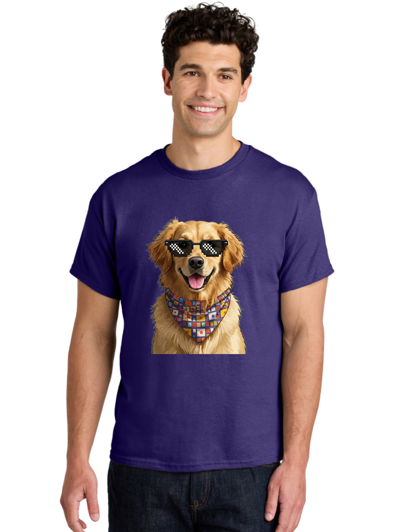 Golden-Retriever-6 Men'S Graphic Tee, 100% Cotton, Comfortable Casual Summer Wear, Machine Washable, Happy Golden Retriever, Cool Dog, Sunglasses, Checkered Pattern, Bandana, Colorful, Fun, Playful, Cute, Furry Friend, Dog Lover, Bab980 21