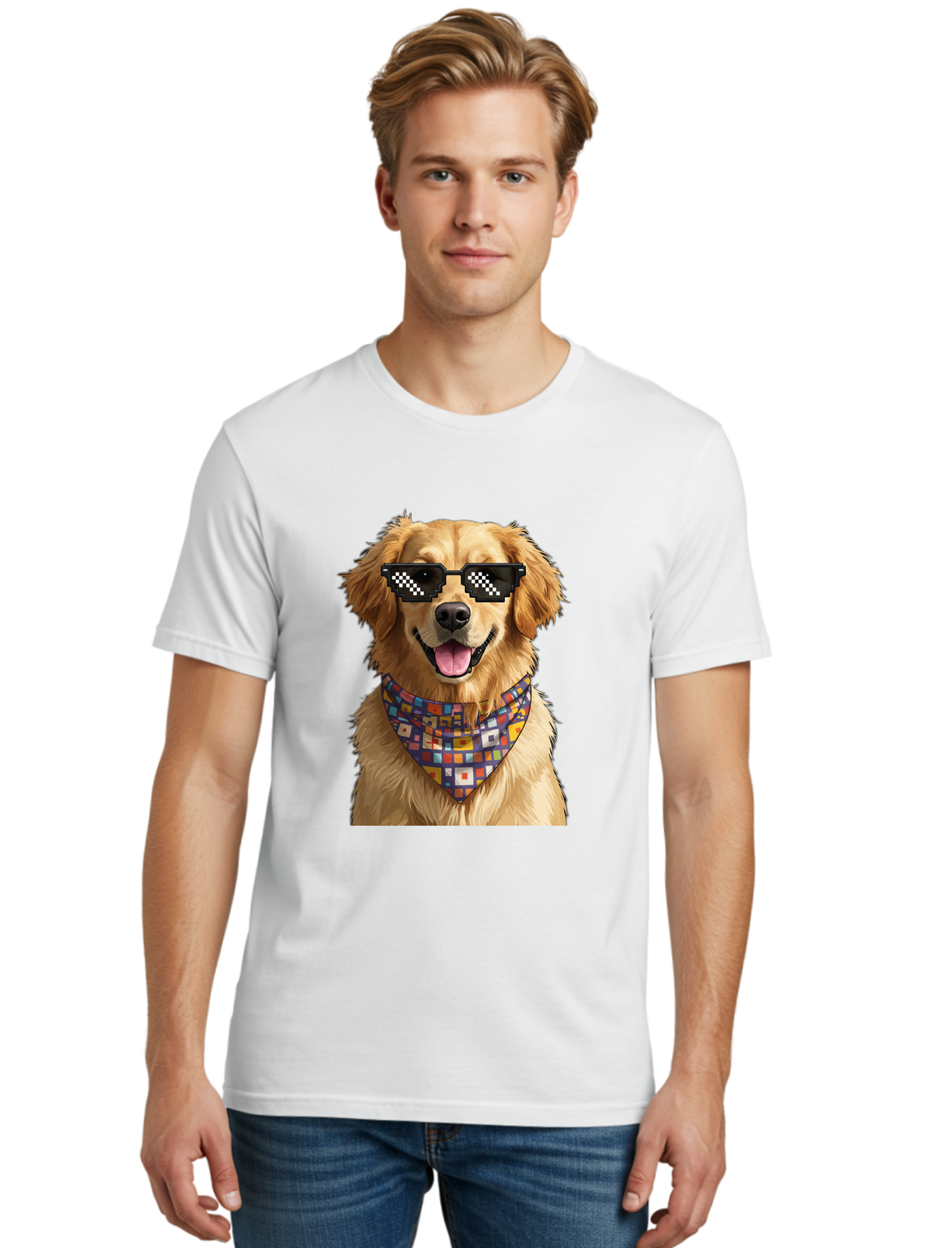 Golden-Retriever-6 Men'S Graphic Tee, 100% Cotton, Comfortable Casual Summer Wear, Machine Washable, Happy Golden Retriever, Cool Dog, Sunglasses, Checkered Pattern, Bandana, Colorful, Fun, Playful, Cute, Furry Friend, Dog Lover, Bab980 25