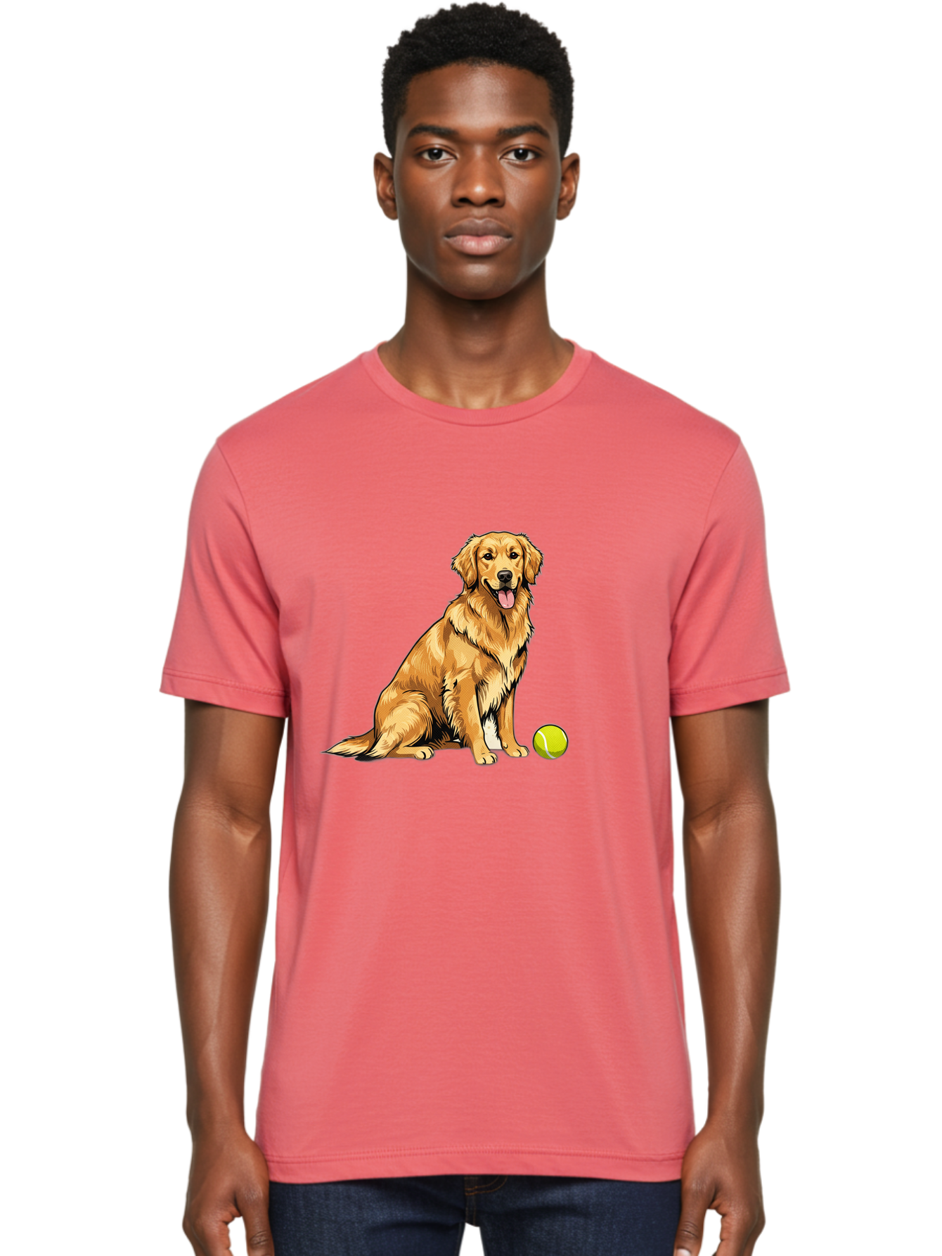 Golden-Retriever-7 Men'S Graphic Tee, 100% Cotton, Comfortable Casual Summer Wear, Machine Washable, Golden Retriever Dog, Tennis Ball, Sitting Dog, Happy Dog, Dog Sports, Canine Companion, Furry Friend, Playful Mood, Dog Illustration, Bab981 16